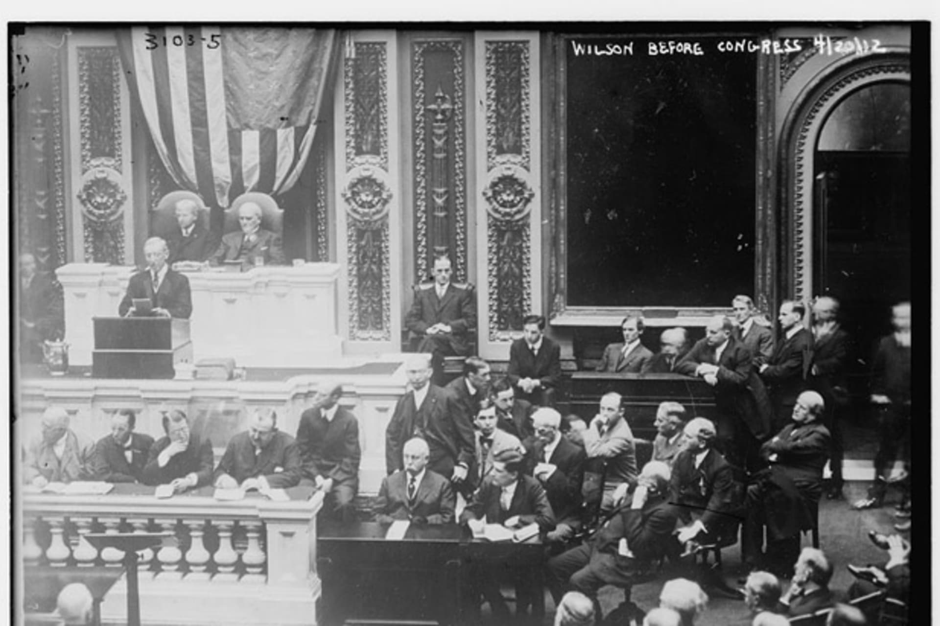 <p>President Woodrow Wilson addresses Congress on the Tampico Incident, April 20, 1914 (Courtesy Library of Congress).</p>
