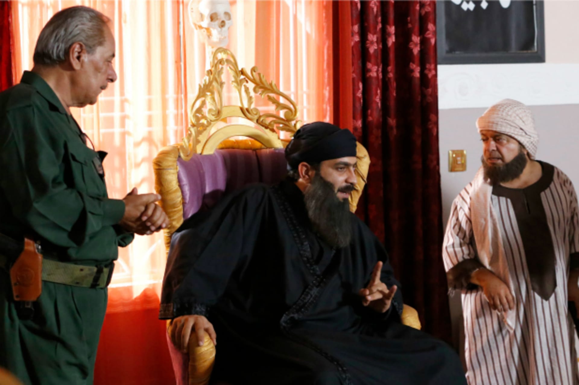 <p>A view shows actors during the filming of the set of the television series, whose title is loosely translated as “State of Myths” in Baghdad (Thaier Al-Sudani/Reuters).</p>
