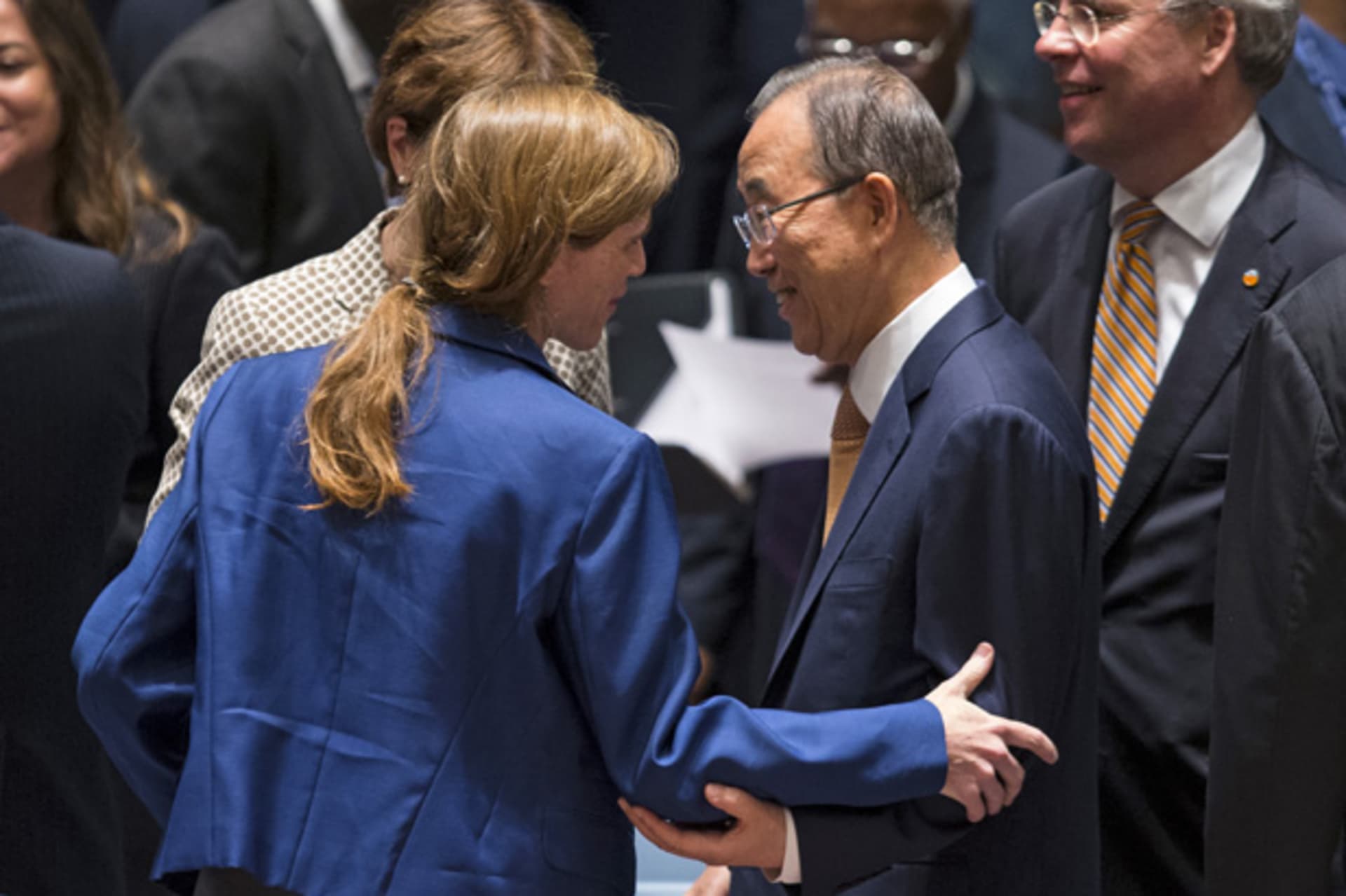 U.S. Ambassador to the United Nations Samantha Power greets United Nations Secretary-General Ban Ki-moon before a meeting of the United Nations Security Council on Women, Peace and Security at U.N. headquarters in New York