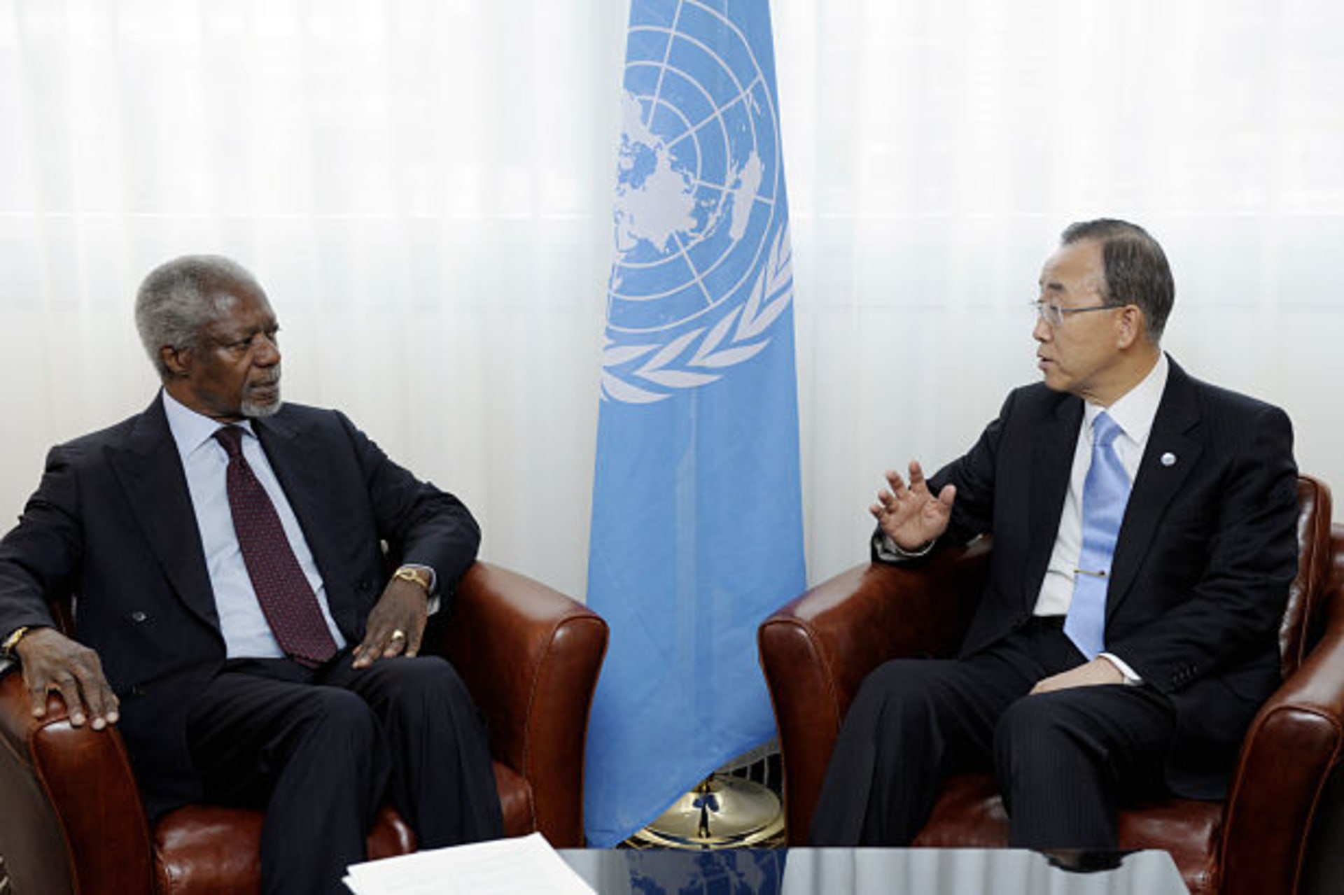 All eight UN Secretaries-General (S-Gs) have been men, including the last two, the current S-G Ban Ki-moon (right) and his predecessor, Kofi Annan (here, UN–Arab League Joint Special Envoy for Syria), photographed in Geneva (April 2012) REUTE