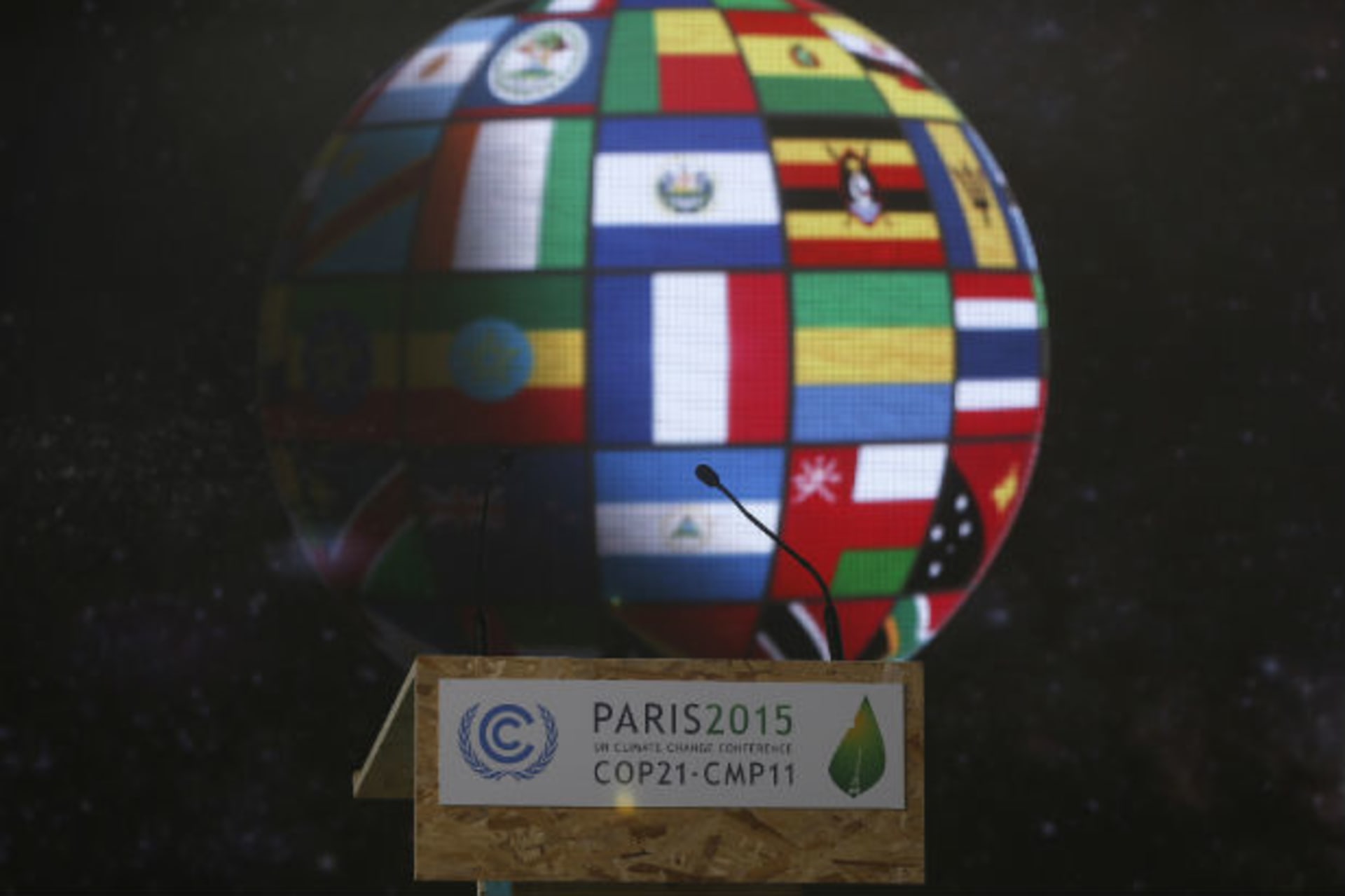 <p>A podium is pictured at the World Climate Change Conference (COP21) is pictured in Paris, France, on November 29, 2015.</p>
