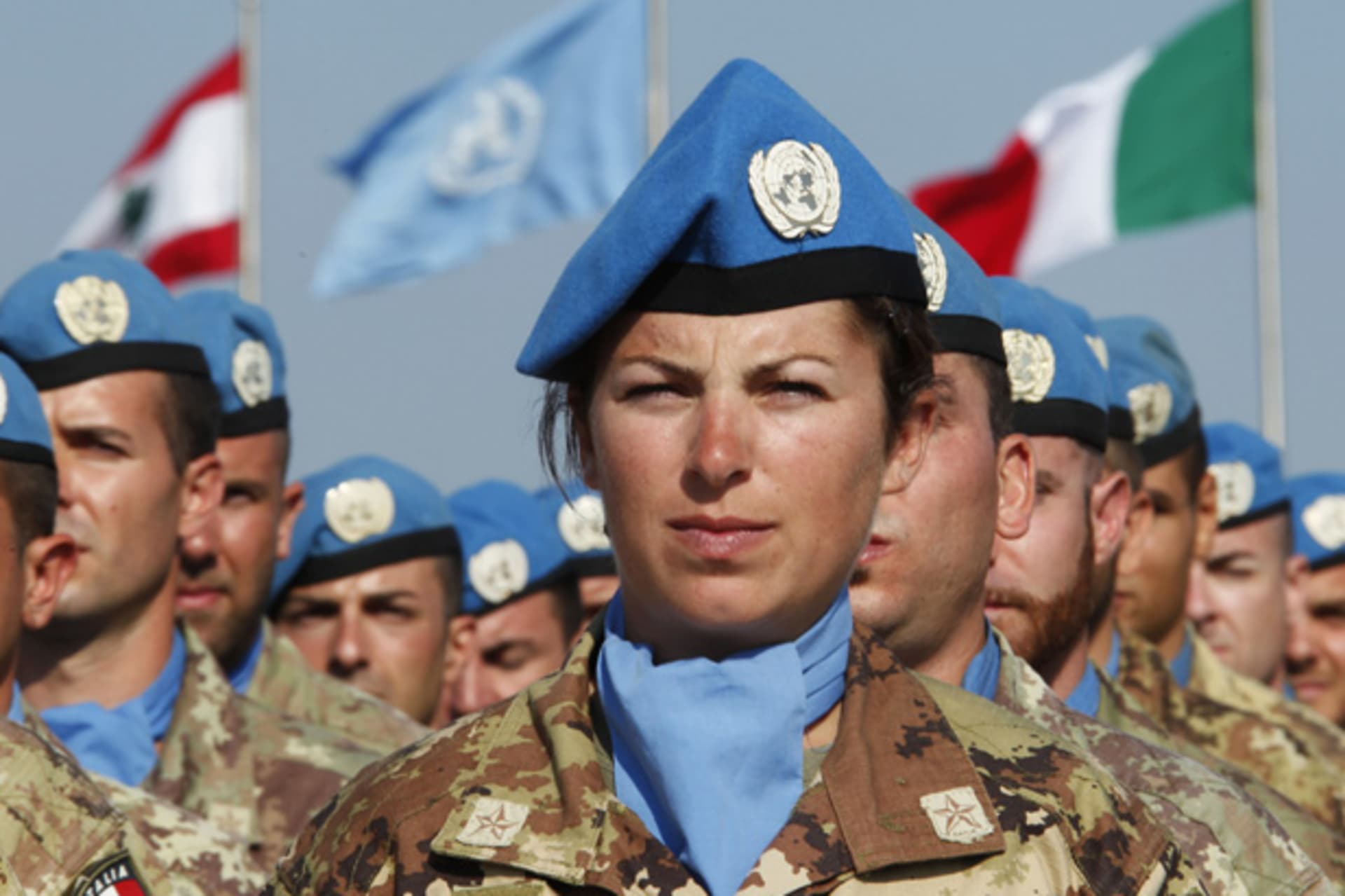 Italian UN peacekeepers stand as honour guards during a visit by Italian Foreign Minister Terzi di Sant'Agata to the Italian UNIFIL base in Shamaa village