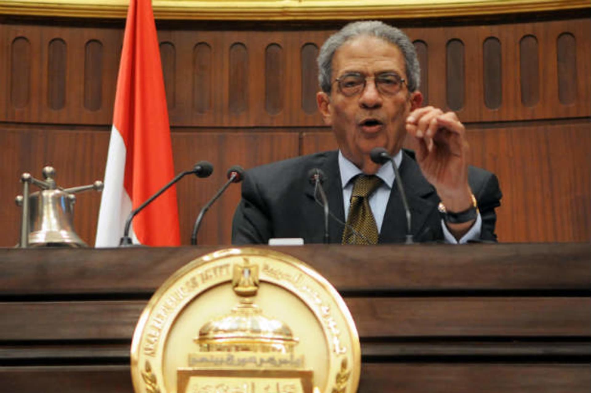 Amr Moussa, head of the assembly writing Egypt's new constitution,speaks after they finished their vote at the Shura Council in Cairo December 1, 2013 (Courtesy Reuters).