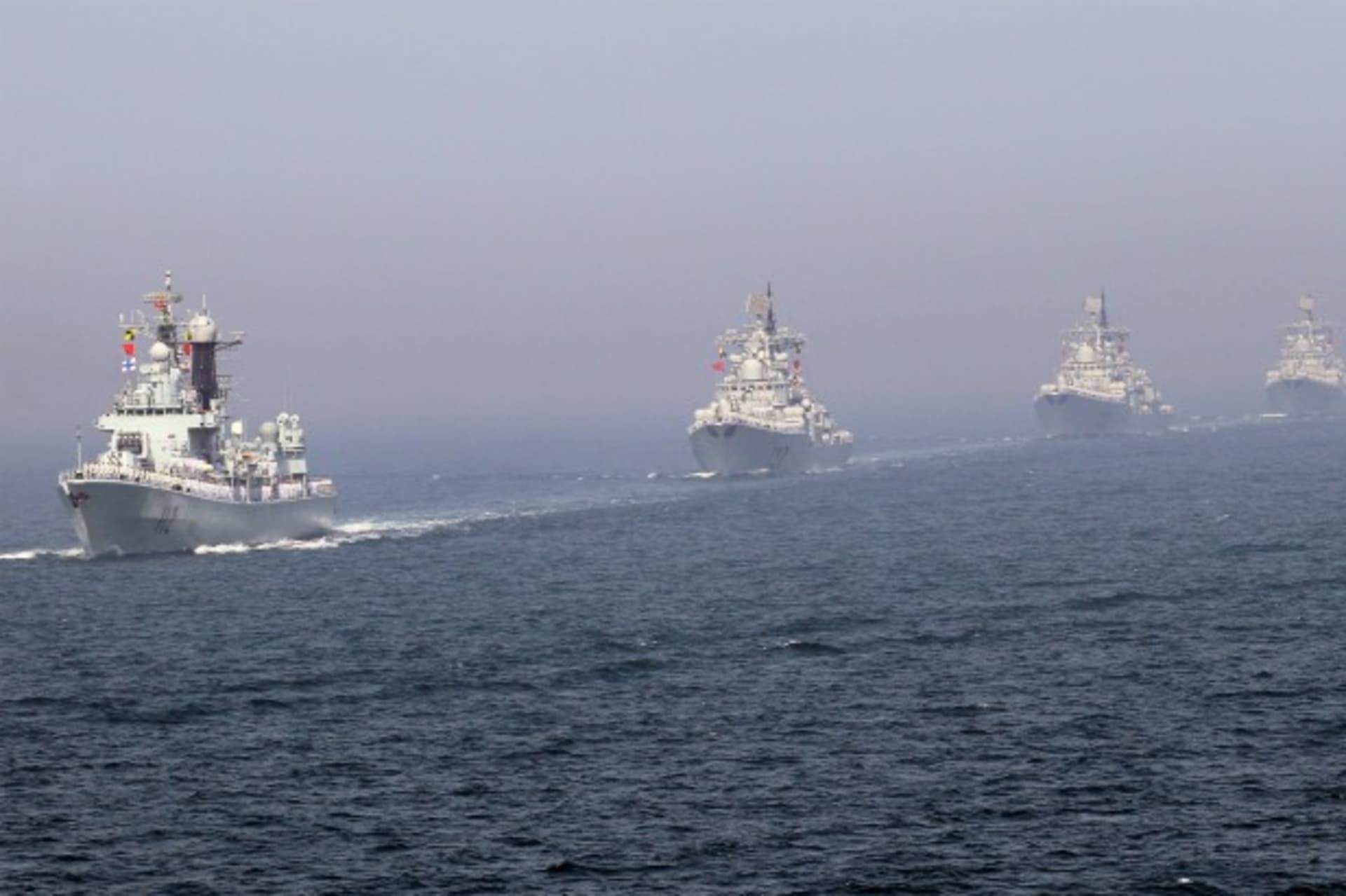 <p>Chinese missile destroyers navigate during the fleet’s review of the China-Russia joint naval exercise in the Yellow Sea on April 26, 2012 (China Daily/Courtesy Reuters).</p>
