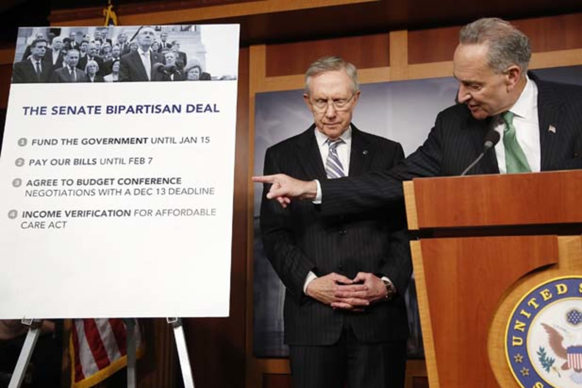 <p>Senator Charles Schumer (D-NY) and Senate Majority Leader Harry Reid (D-NV) appear at a news conference after passage of a stopgap budget and debt legislation. (Jonathan Ernst/Courtesy Reuters).</p>
