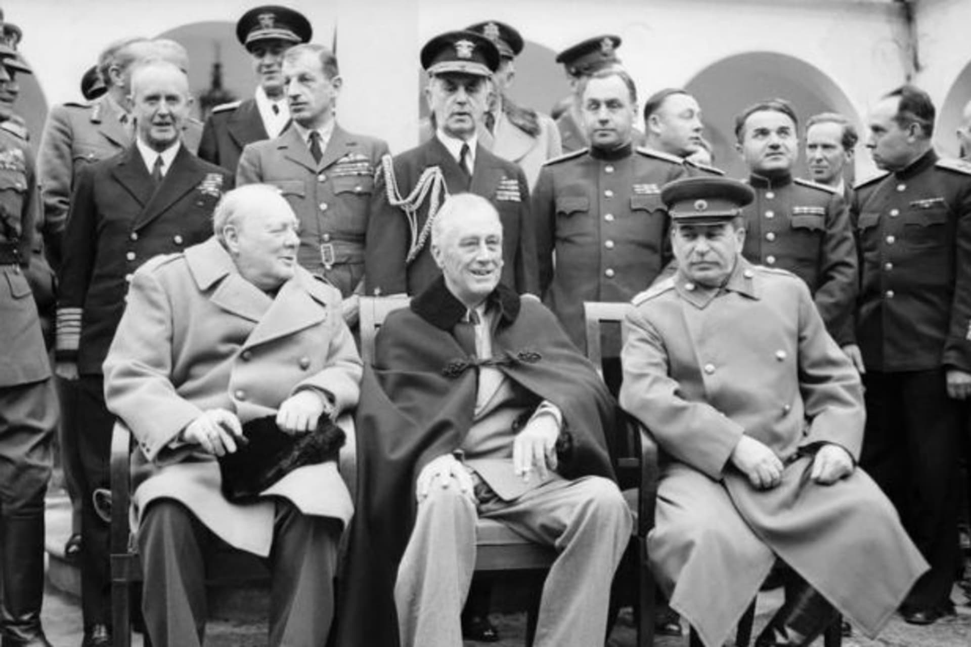 <p>Winston Churchill, Franklin D. Roosevelt, and Joseph Stalin sit for photographs during the Yalta Conference in February 1945.</p>
