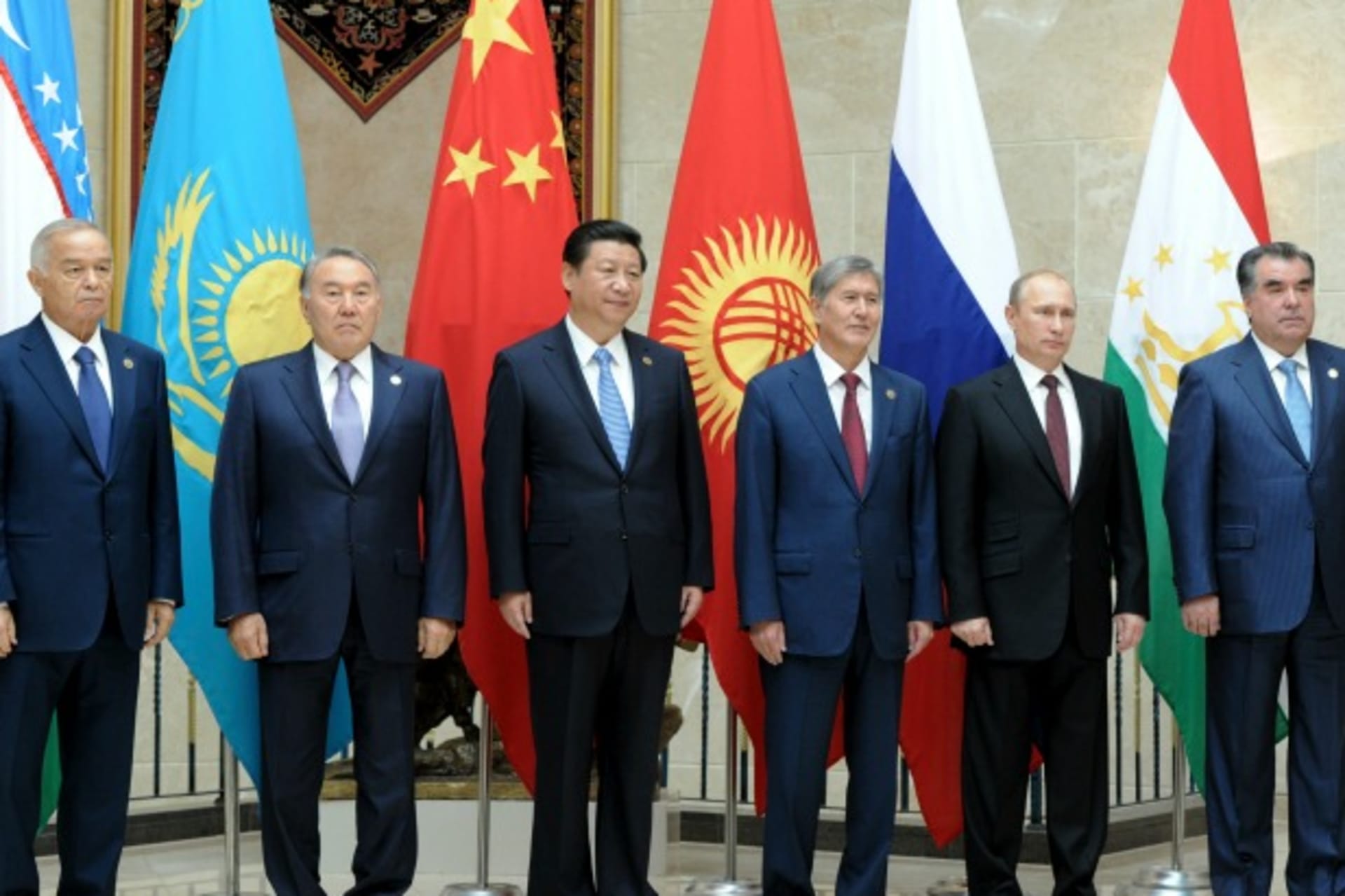 <p>(R-L) Tajikistan’s President Emomali Rakhmon, Russia’s President Vladimir Putin, Kyrgyzstan’s President Almazbek Atambayev, Ch…sion of Shanghai Cooperation Organization (SCO) summit in Bishkek on September 13, 2013 (Mikhail Klimentyev/Courtesy Reuters).</p>
