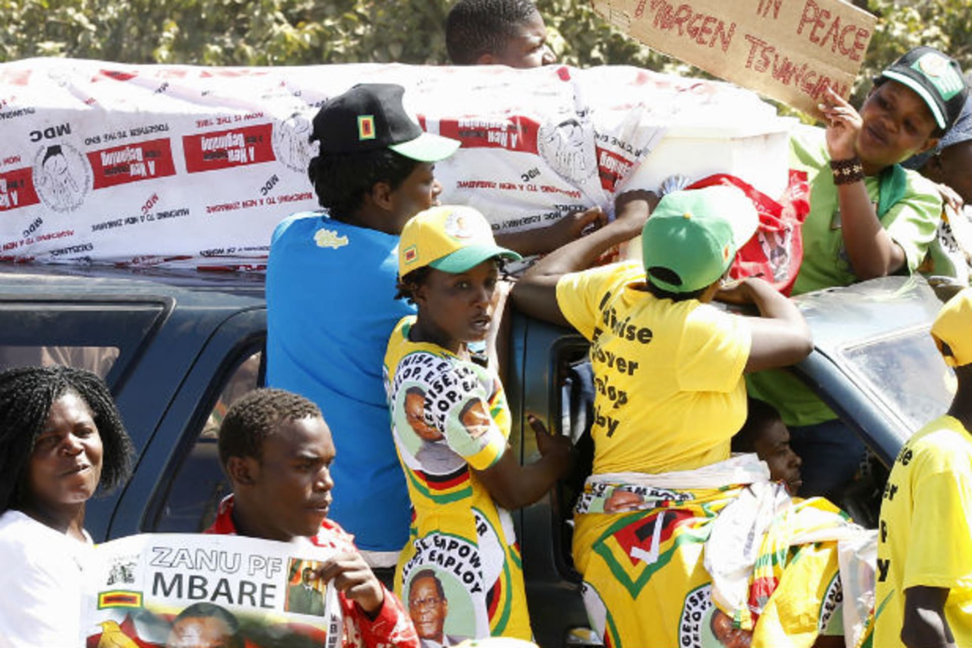 Supporters of ZANU-PF party celebrate with a coffin wrapped in a Movement for Democratic Change (MDC) flag in Mbare township, outside Harare August 4, 2013.