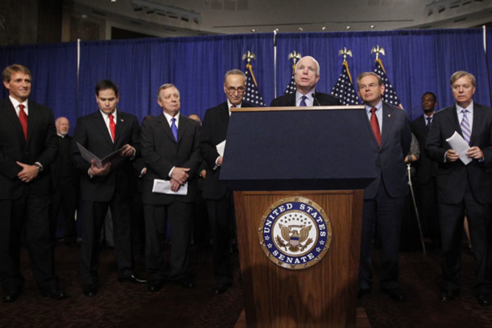 <p>The U.S. Senate’s “gang of eight” briefs the press on immigration reform on Capitol Hill in Washington (Jason Reed/Courtesy Reuters).</p>
