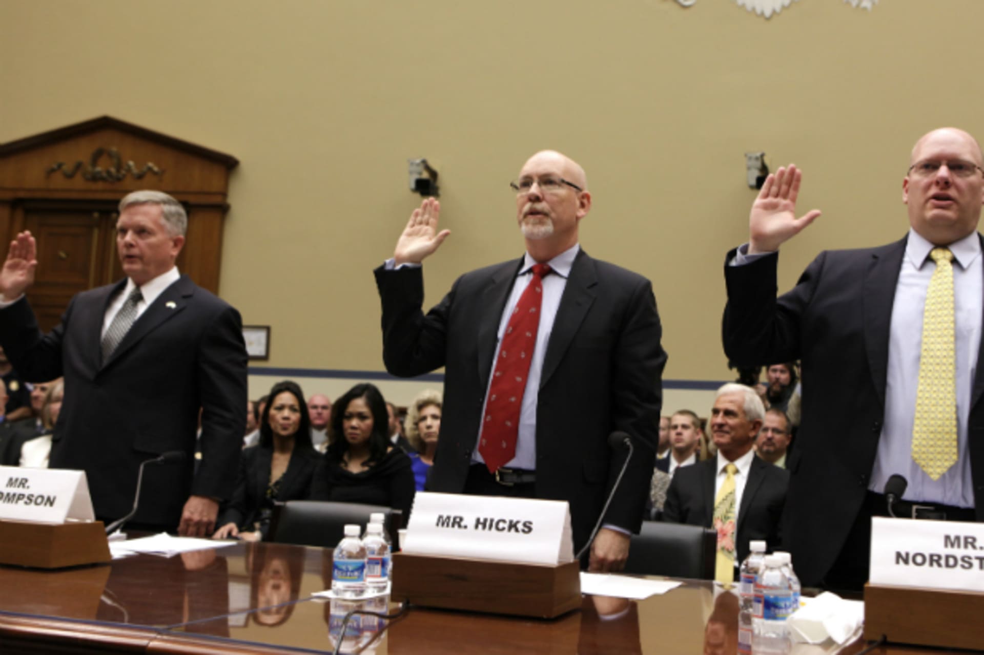 <p>Witnesses Mark Thompson, acting deputy assistant secretary of state for counterterrorism, Gregory Hicks, foreign service offic…ight and Government Reform Committee hearing on the 2012 attacks in Benghazi, Libya, on May 8, 2013 (Gripas/Courtesy Reuters).</p>
