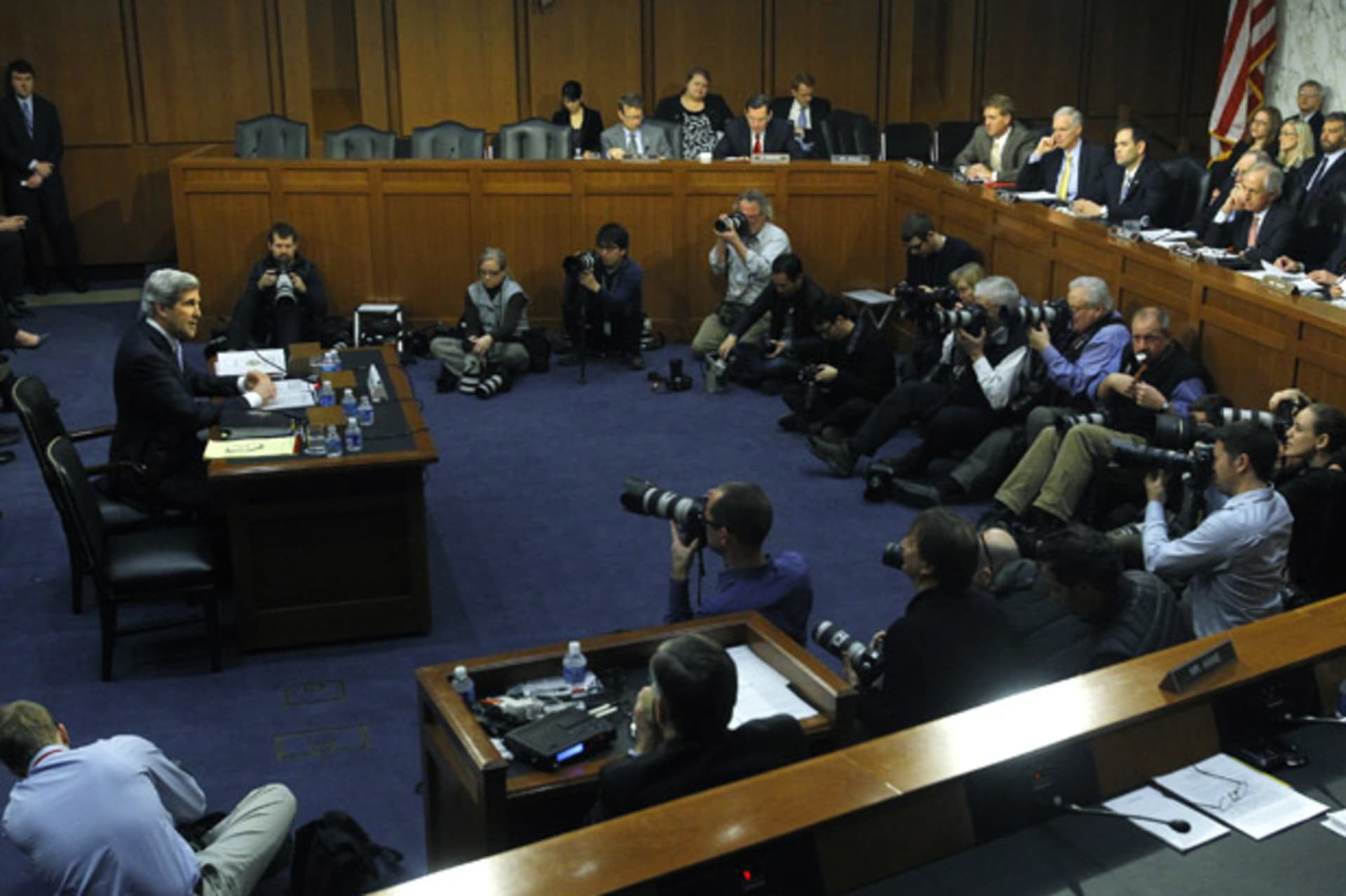 <p>U.S. Senator John Kerry (D-MA) testifies at the Senate Foreign Relations Committee hearing on his nomination to be secretary of state (Gary Cameron/Courtesy Reuters).</p>
