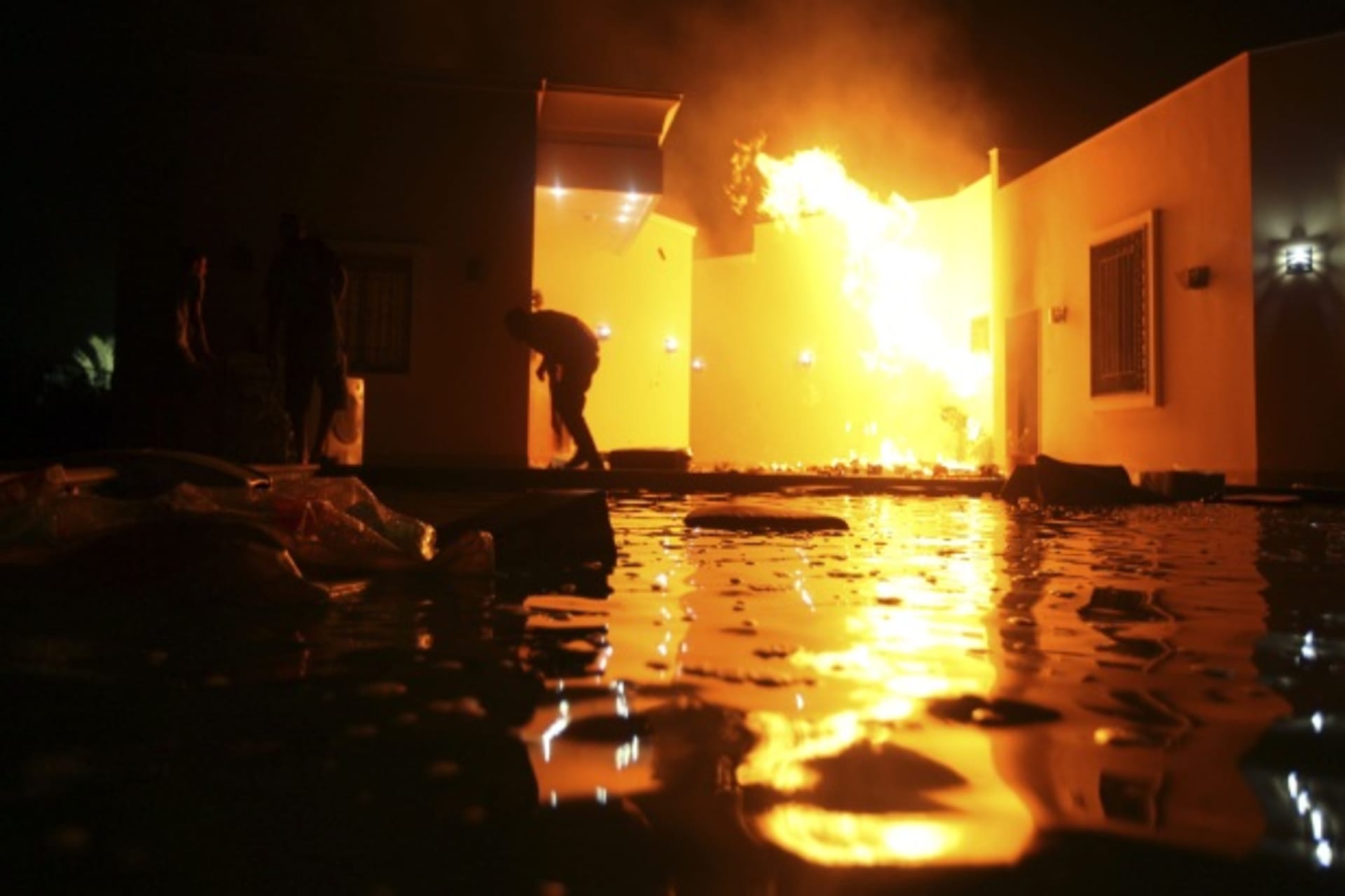 <p>The U.S. Consulate in Benghazi is seen in flames after an attack on September 11, 2012 (Esam Al-Fetori/Courtesy Reuters).</p>
