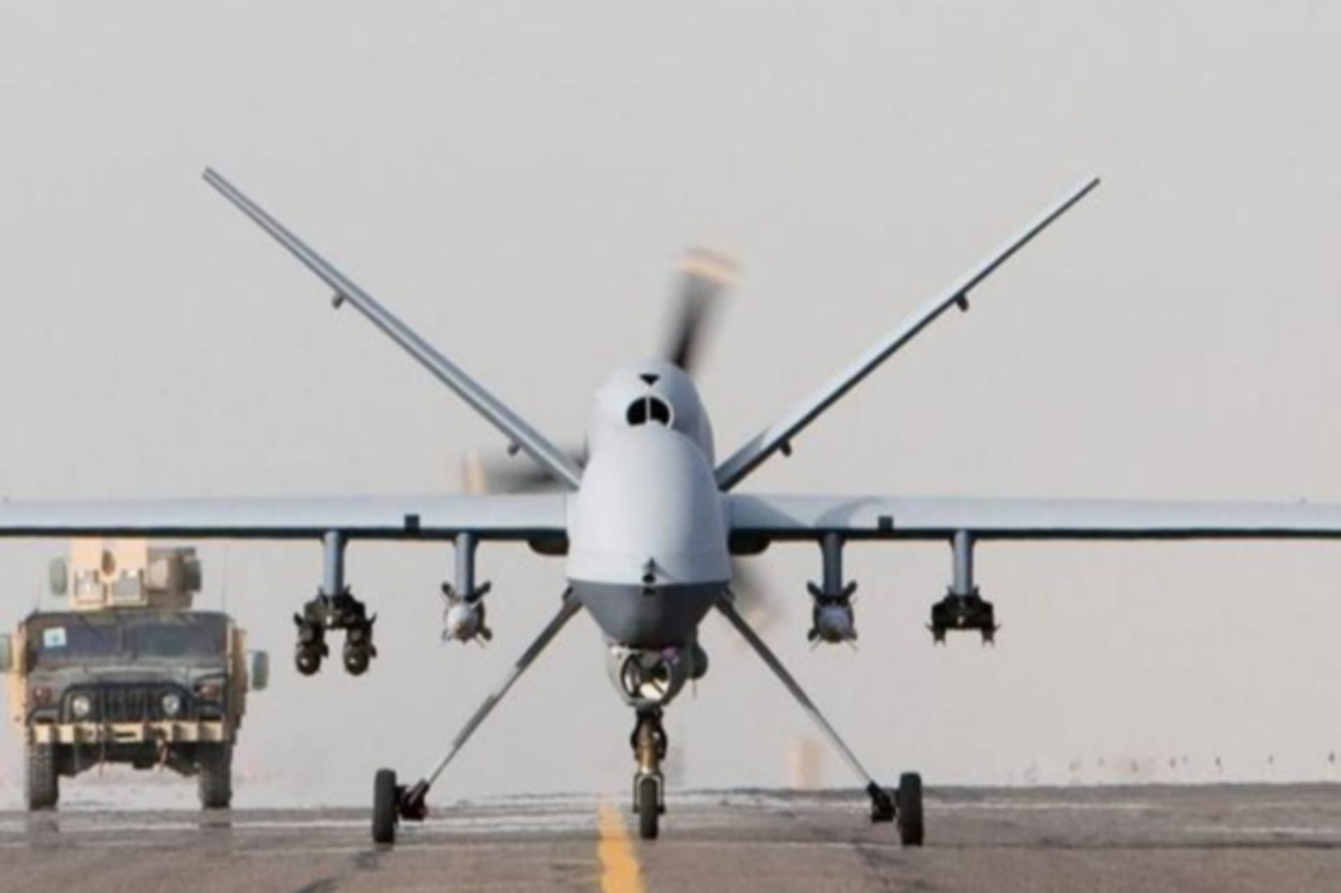 <p>An armed unmanned Reaper drone prepares for takeoff (Handout/Courtesy Reuters).</p>
