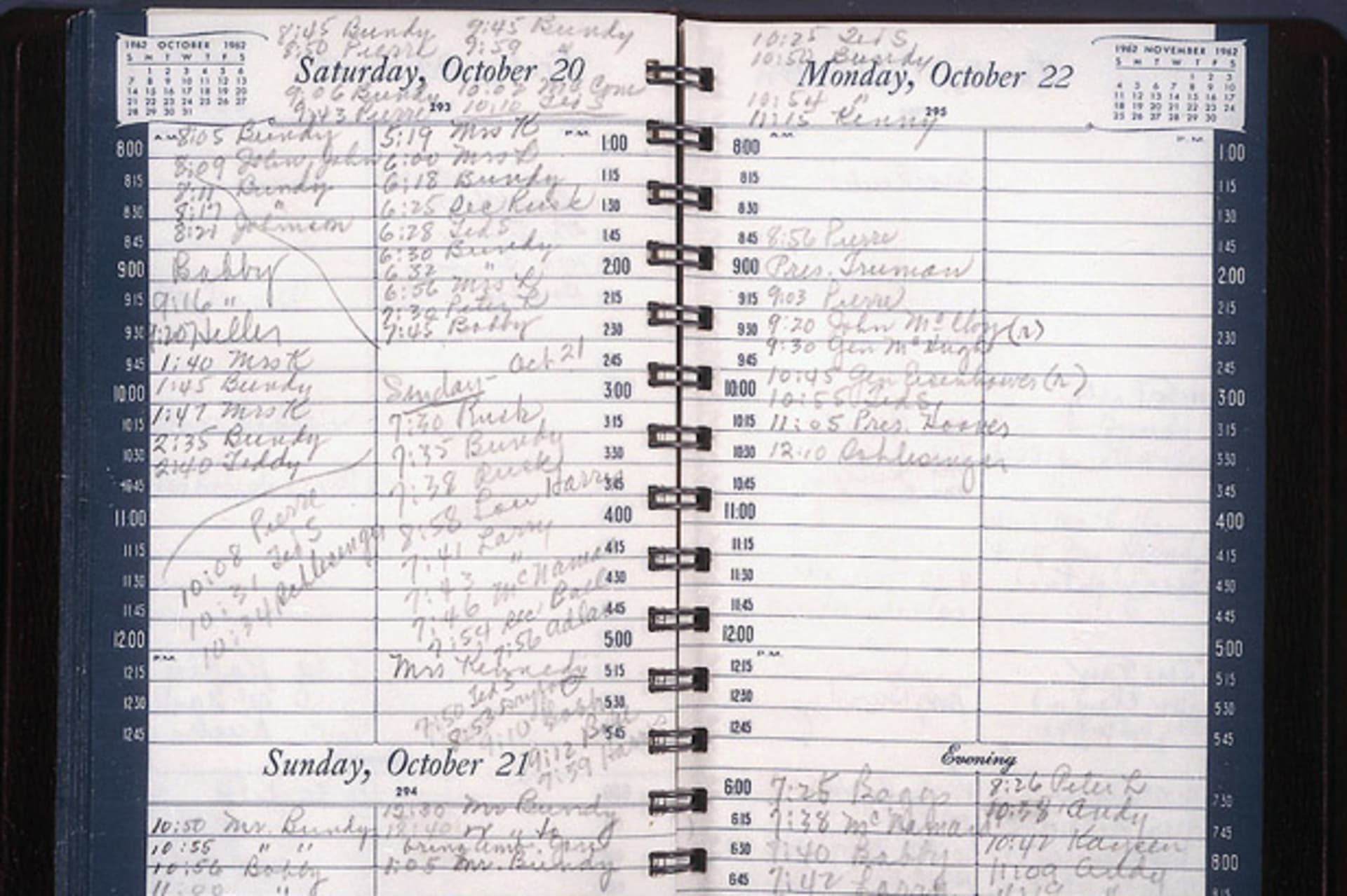 <p>The day book of Evelyn Lincoln, President John F. Kennedy’s personal secretary, shows JFK’s busy schedule during the Cuban missile crisis. (John F. Kennedy Presidential Library and Museum, Boston, Massachusetts)</p>