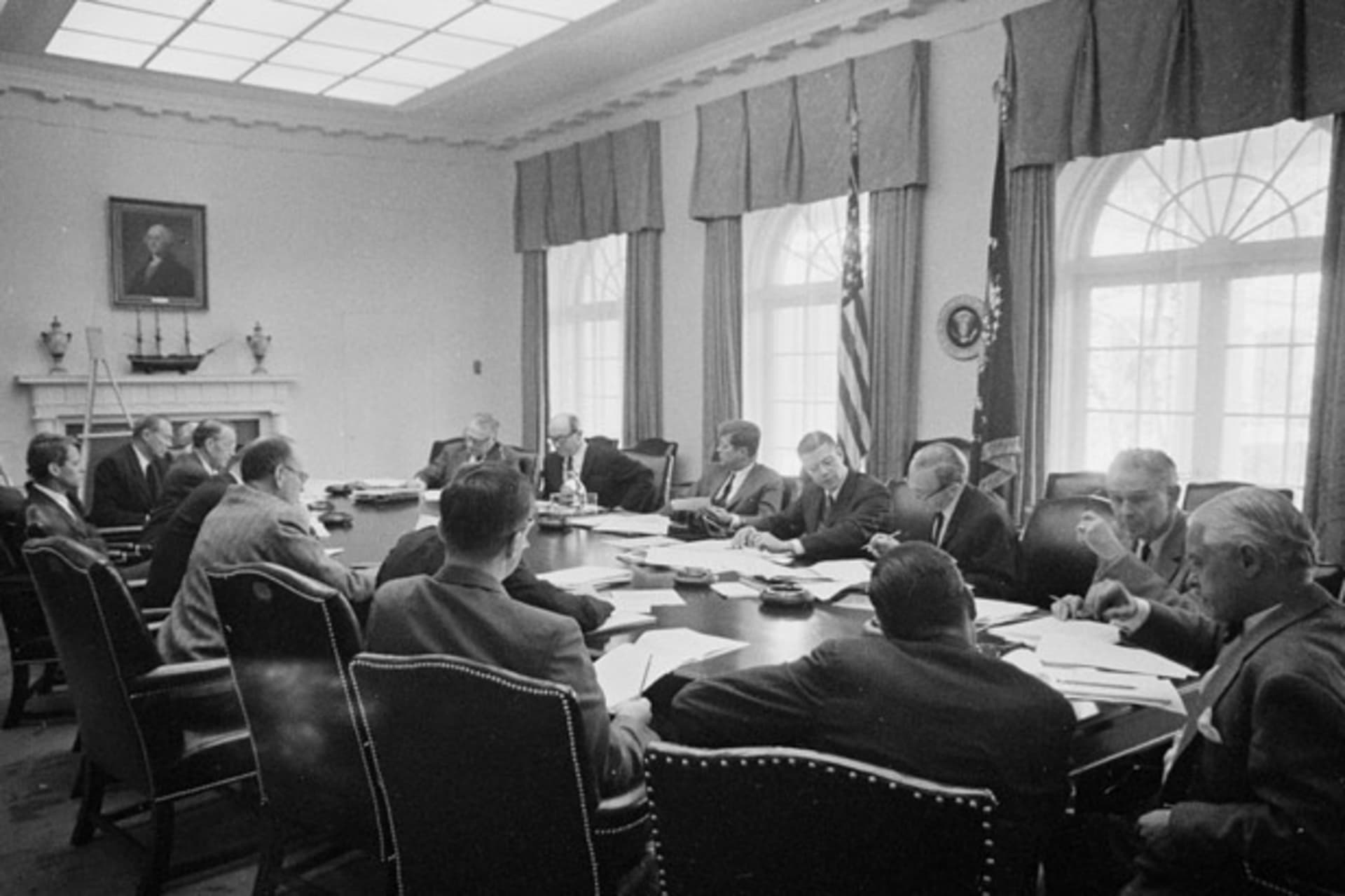 <p>President John F. Kennedy meets with members of the Executive Committee of the National Security Council (ExCom) regarding the… Cuba on October 29, 1962. (Cecil Stoughton. White House Photographs. John F. Kennedy Presidential Library and Museum, Boston)</p>
