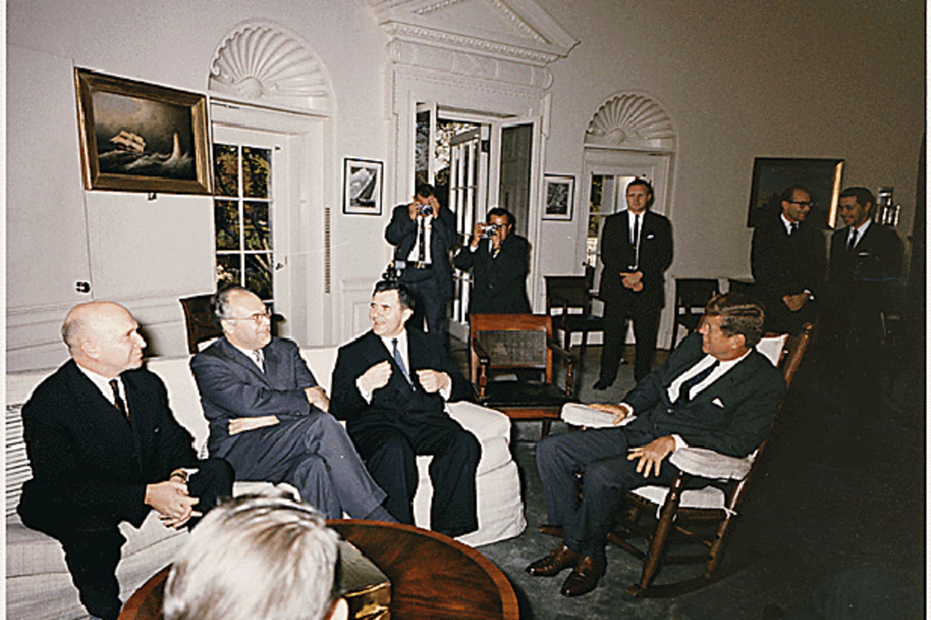 <p>President John F. Kennedy and Soviet minister of foreign affairs Andrei Gromyko meet in the Oval Office on October 18, 1962. S…rt Knudson White House Photographs, National Archives, John F. Kennedy Presidential Library and Museum, Boston, Massachusetts)</p>
