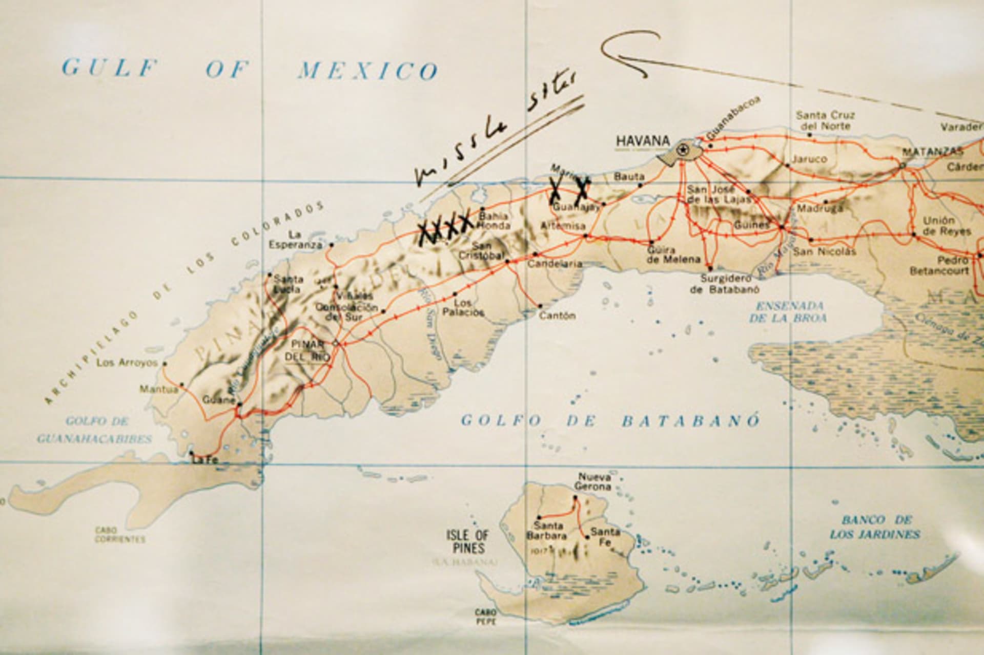 <p>Map of Cuba annotated by President John F. Kennedy during his first CIA briefing on October 16, 1962. The map is displayed at the John F. Kennedy Library in Boston, Massachusetts. (Brian Snyder/ courtesy Reuters)</p>
