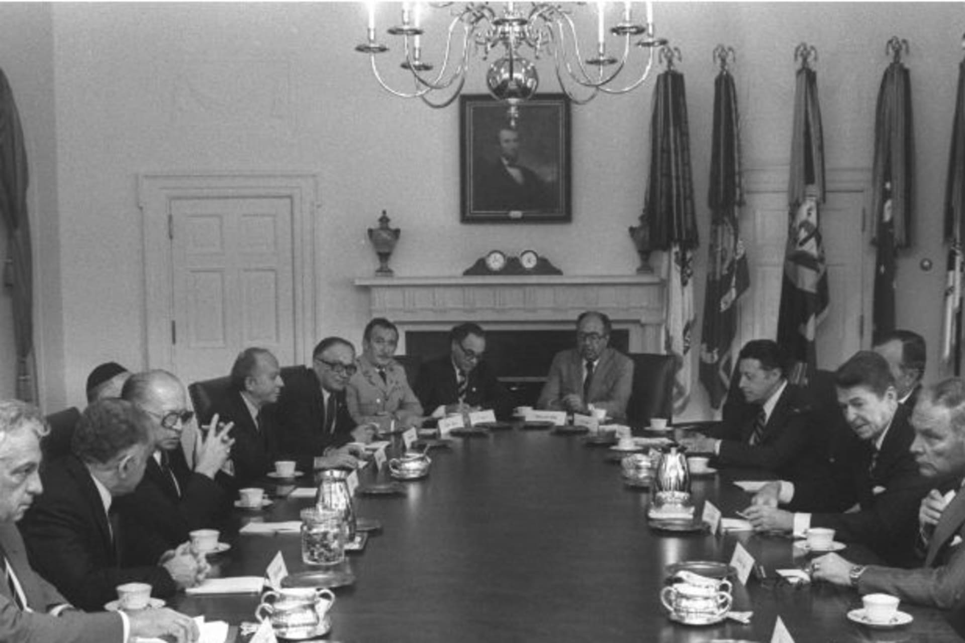 U.S. President Ronald Reagan meeting Israeli delegation including Israeli Prime Minister Menachem Begin and Defense Minister Ariel Sharon in Washington, DC (Handout/Courtest Reuters)