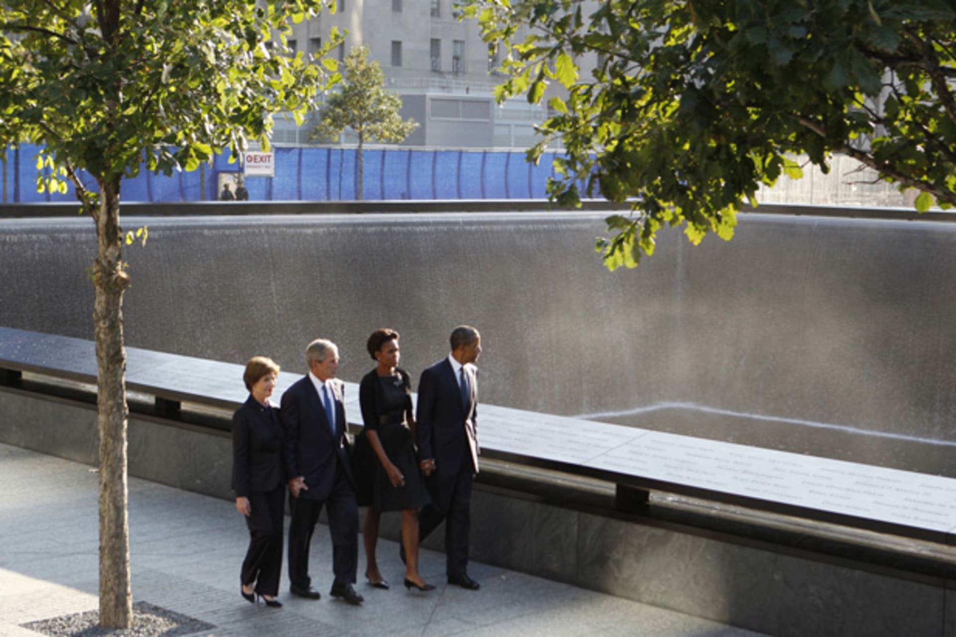<p>President Barack Obama, first lady Michelle Obama, former president George W. Bush and former first lady Laura Bush walk besid…al during ceremonies marking the 10th anniversary of the 9/11 attacks on September 11, 2011. (Larry Downing/ courtesy Reuters)</p>
