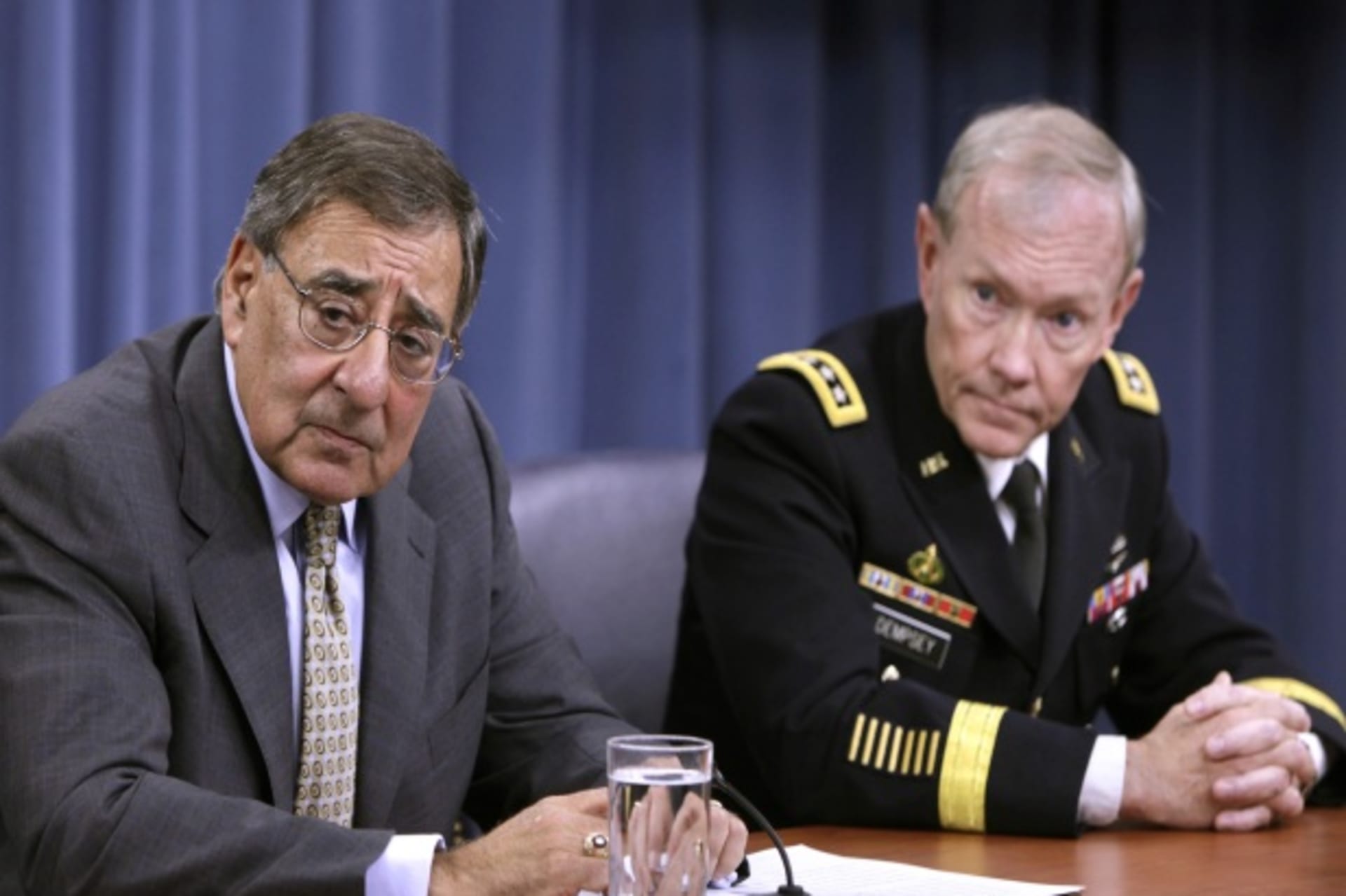 <p>Secretary of Defense Leon Panetta and General Martin Dempsey hold a news conference at the Pentagon on June 29, 2012 (Yuri Gripas/Courtesy Reuters).</p>
