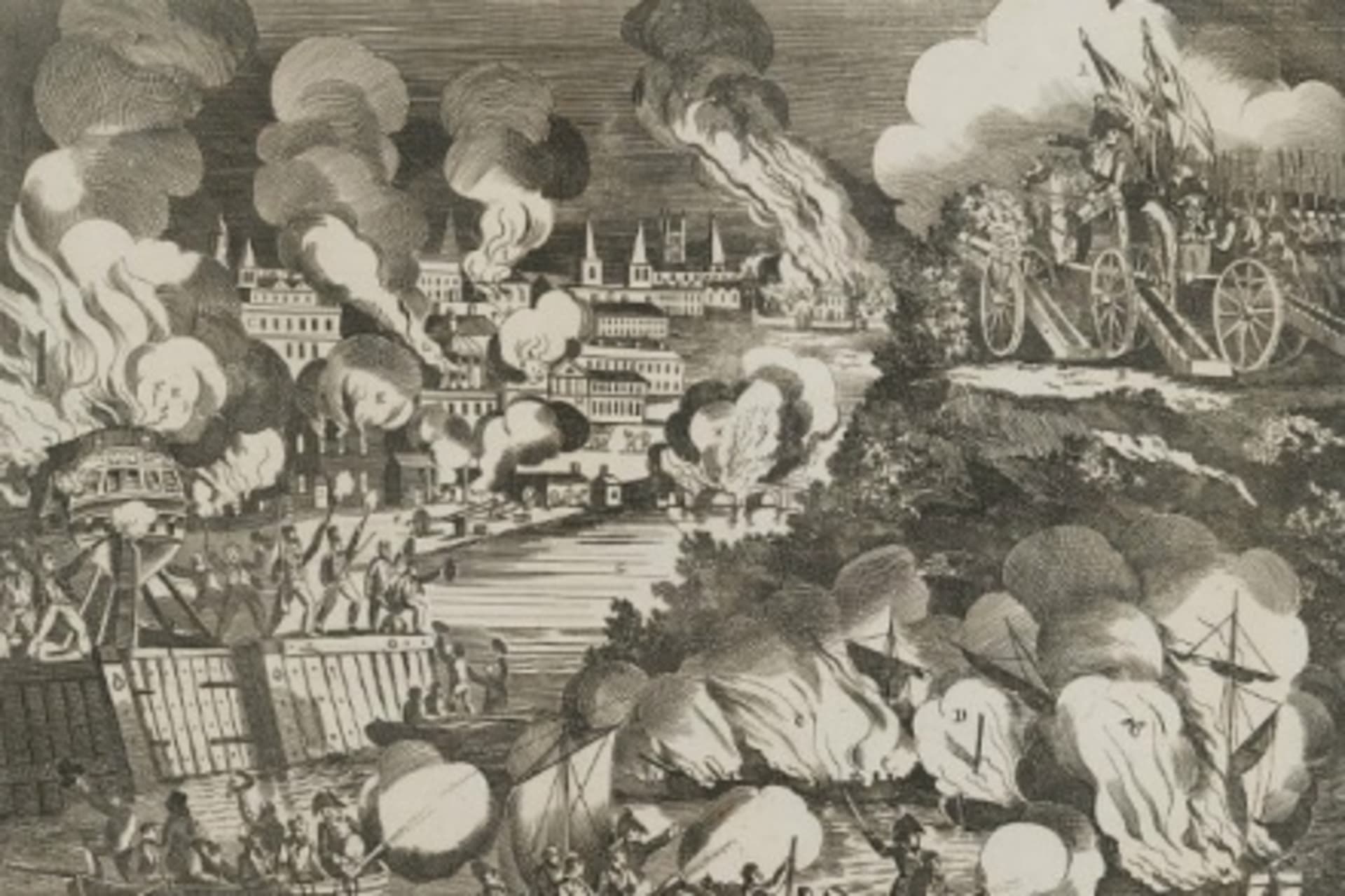 <p>A depiction of the British attack on Washington, DC, during the War of 1812. (Library of Congress)</p>