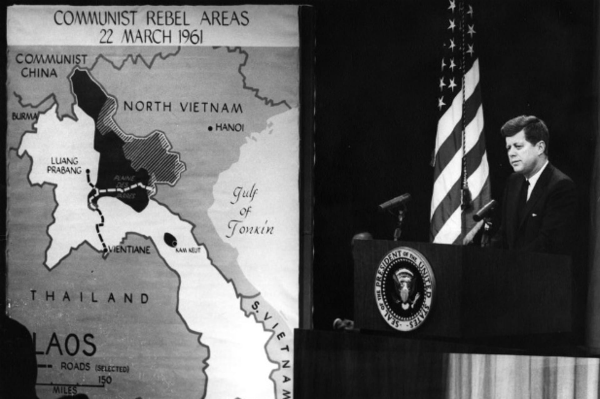 <p>President John F. Kennedy discusses the situation in Southeast Asia at a press conference in 1961. (John F. Kennedy Presidential Library and Museum)</p>
