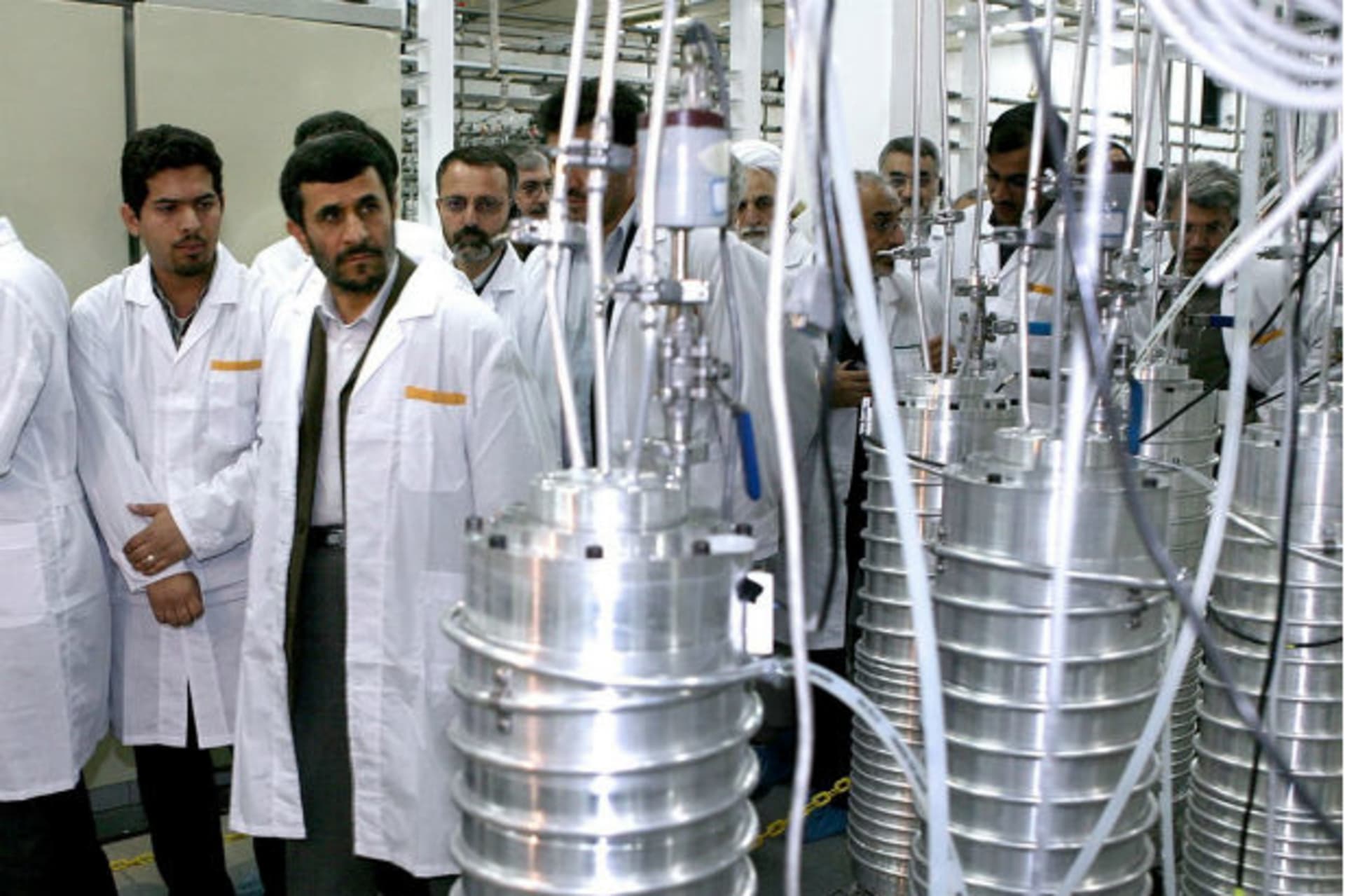 <p>Iranian President Mahmoud Ahmadinejad visits the Natanz nuclear enrichment facility on April 8, 2008. (Handout / Courtesy Reuters)</p>
