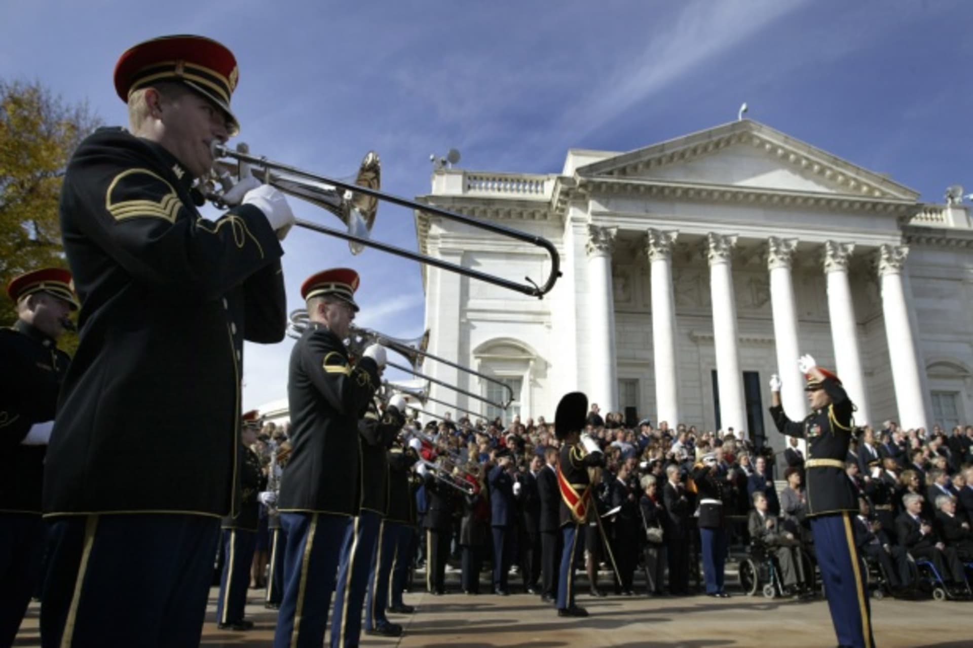 <p>A military band plays at Arlington National Cemetery (Jason Reed/Courtesy Reuters).</p>

