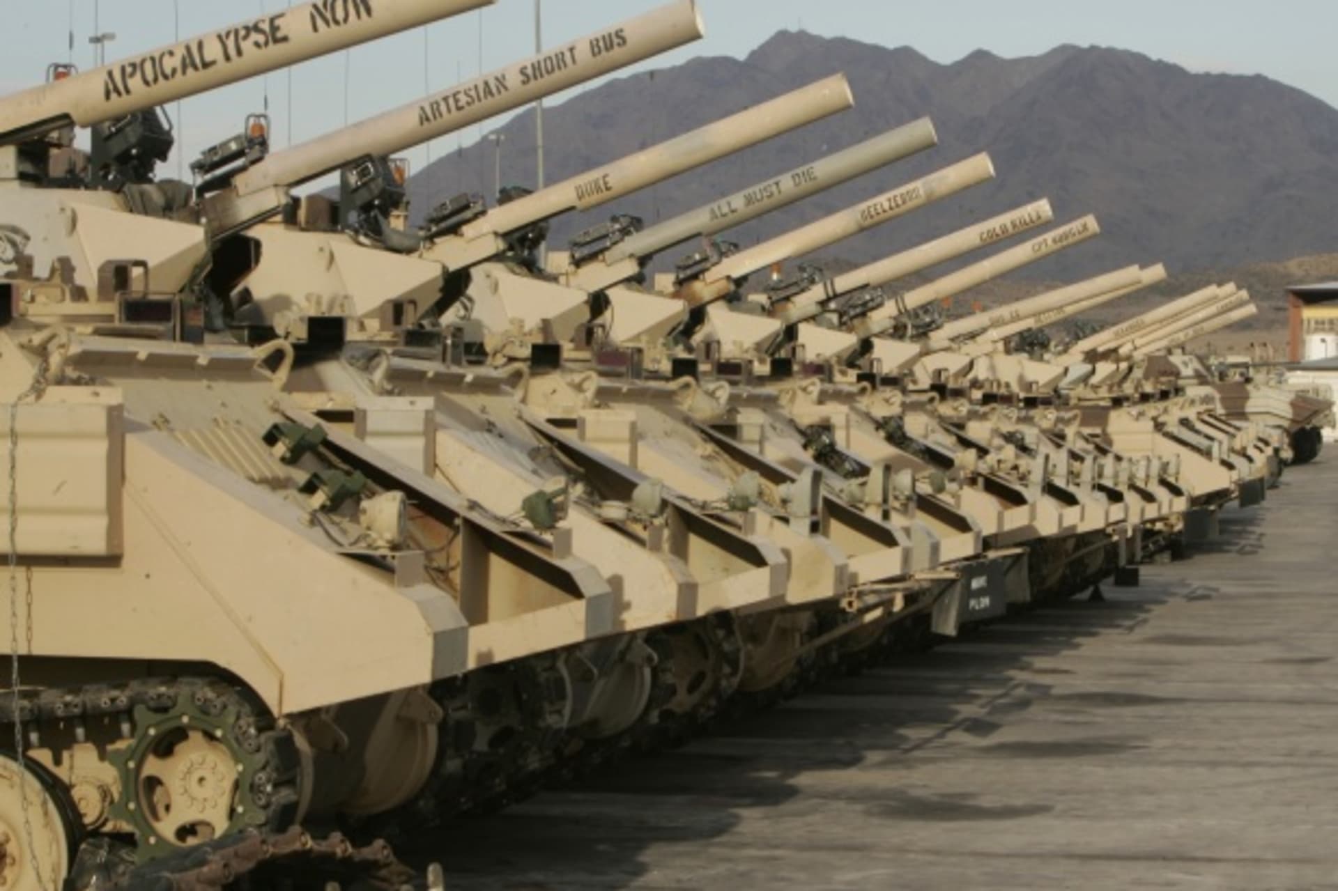 <p>U.S. Sheridan tanks mothballed at Fort Irwin, California Army National Training Center (Courtesy Reuters/Rick Wilking).</p>