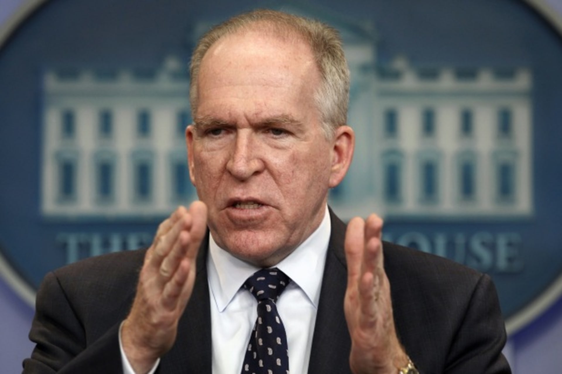 <p>John Brennan, assistant to the president for homeland security and counterterrorism, speaks at a White House press briefing (Courtesy Reuters/Kevin Lemarque).</p>

