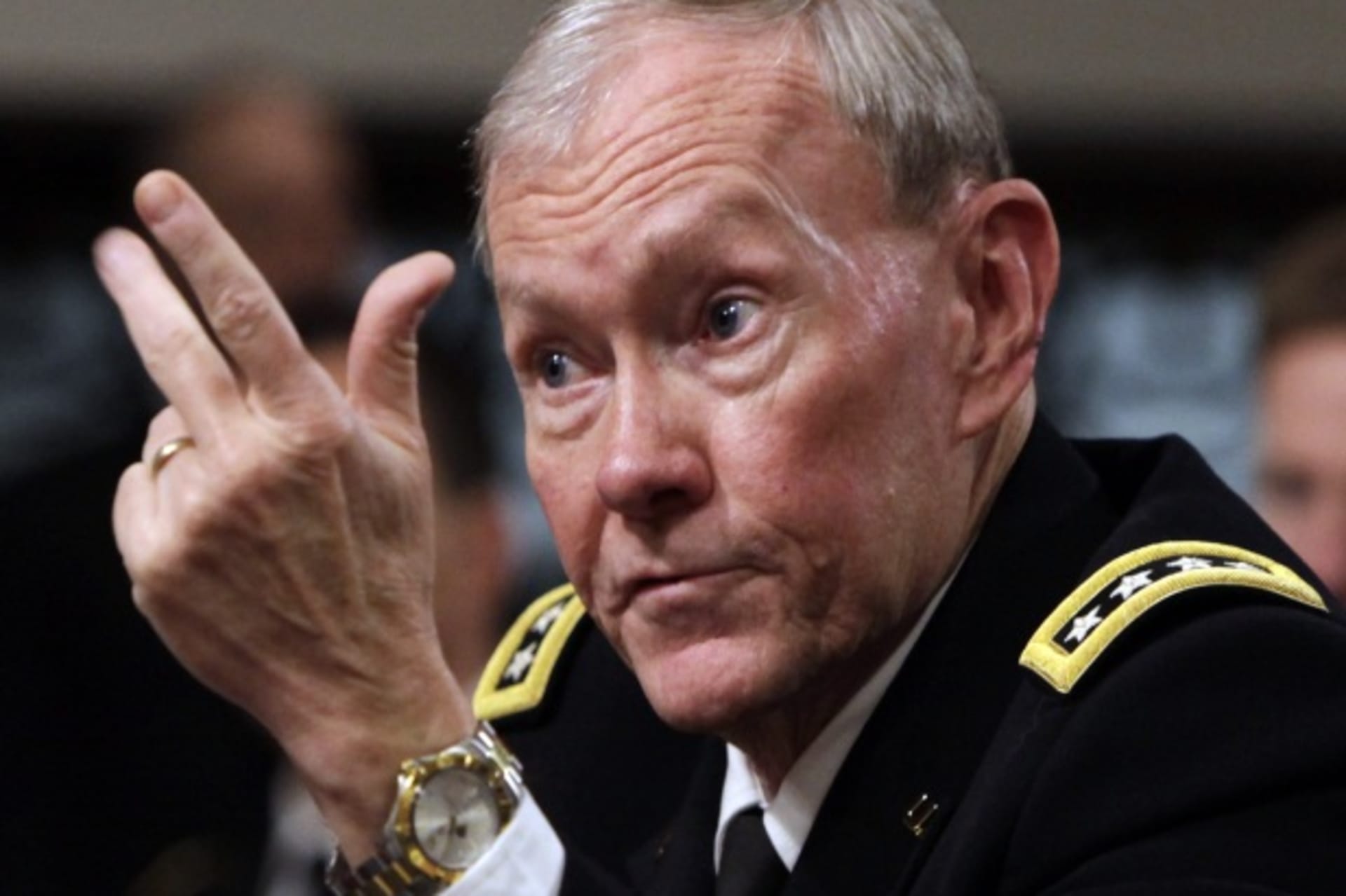 <p>Chairman of the Joint Chiefs of Staff General Dempsey testifies before the Senate Armed Services Committee hearing in Washington, DC, in February 2012 (Courtesy Reuters/Yuri Gripas).</p>
