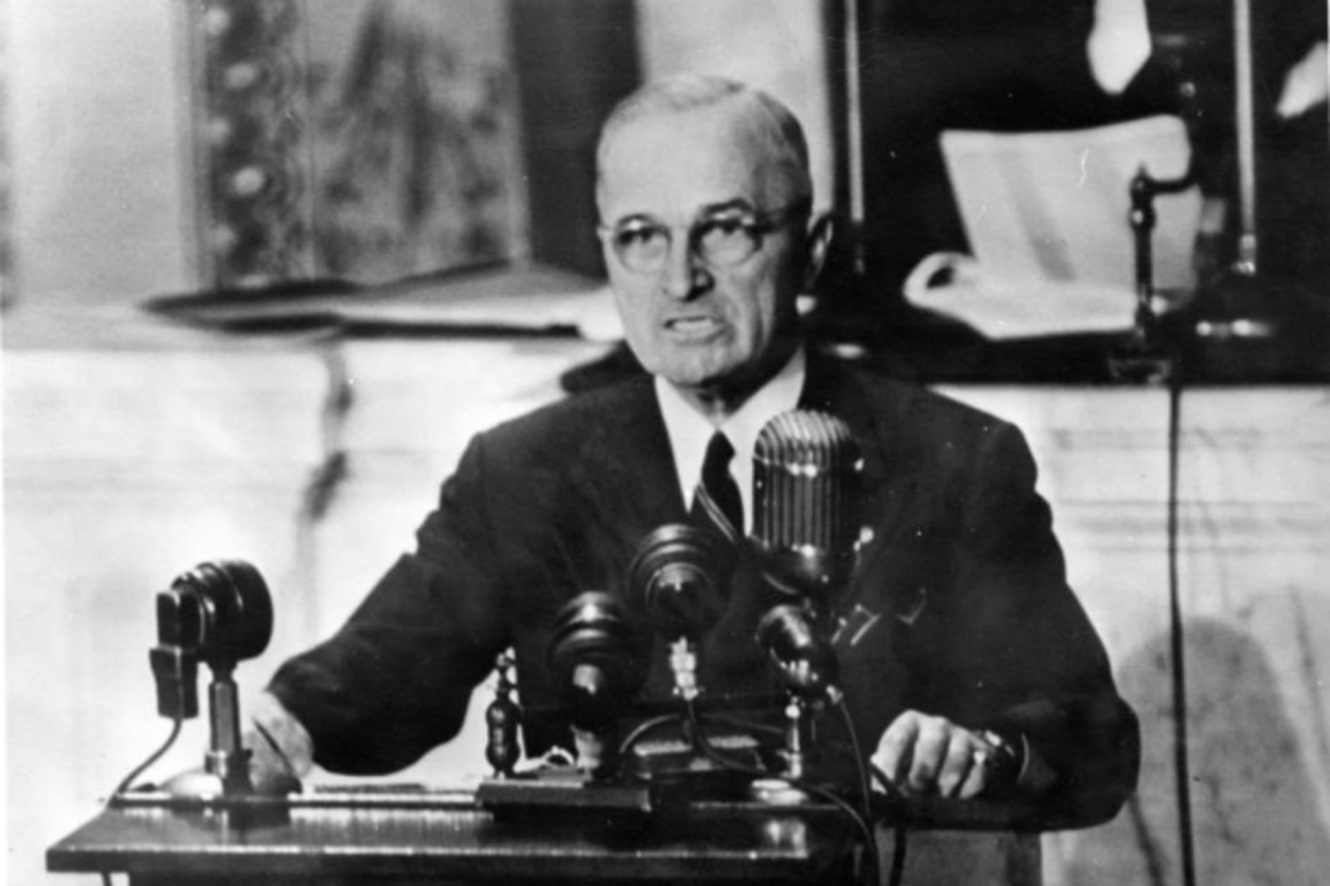 <p>President Harry S. Truman delivering an address to a joint session of Congress on March 12, 1947, during which he outlined the “Truman Doctrine.” (Harry S. Truman Library and Museum)</p>
