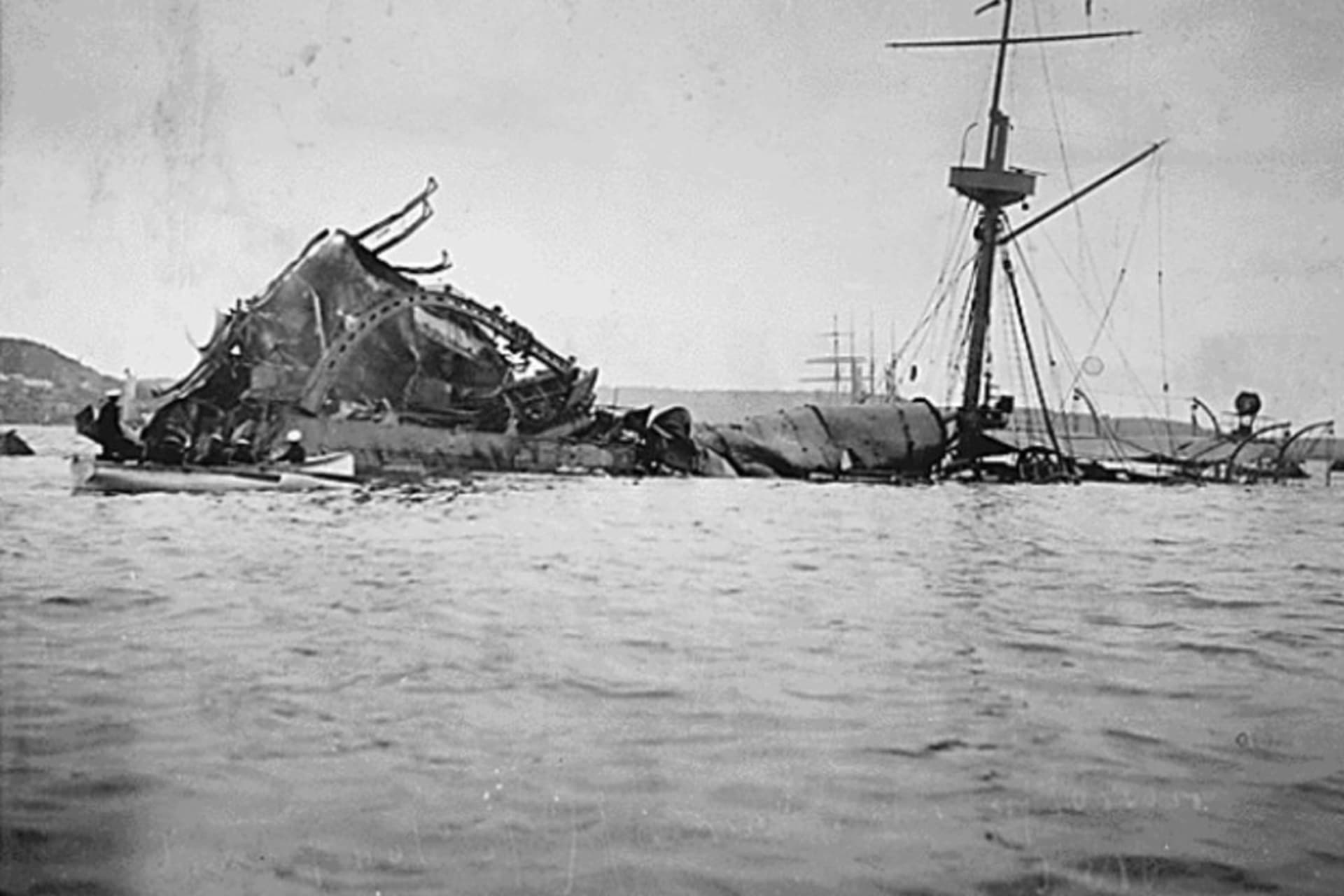 <p>The wreckage of the USS Maine in Havana Harbor (courtesy National Archives).</p>
