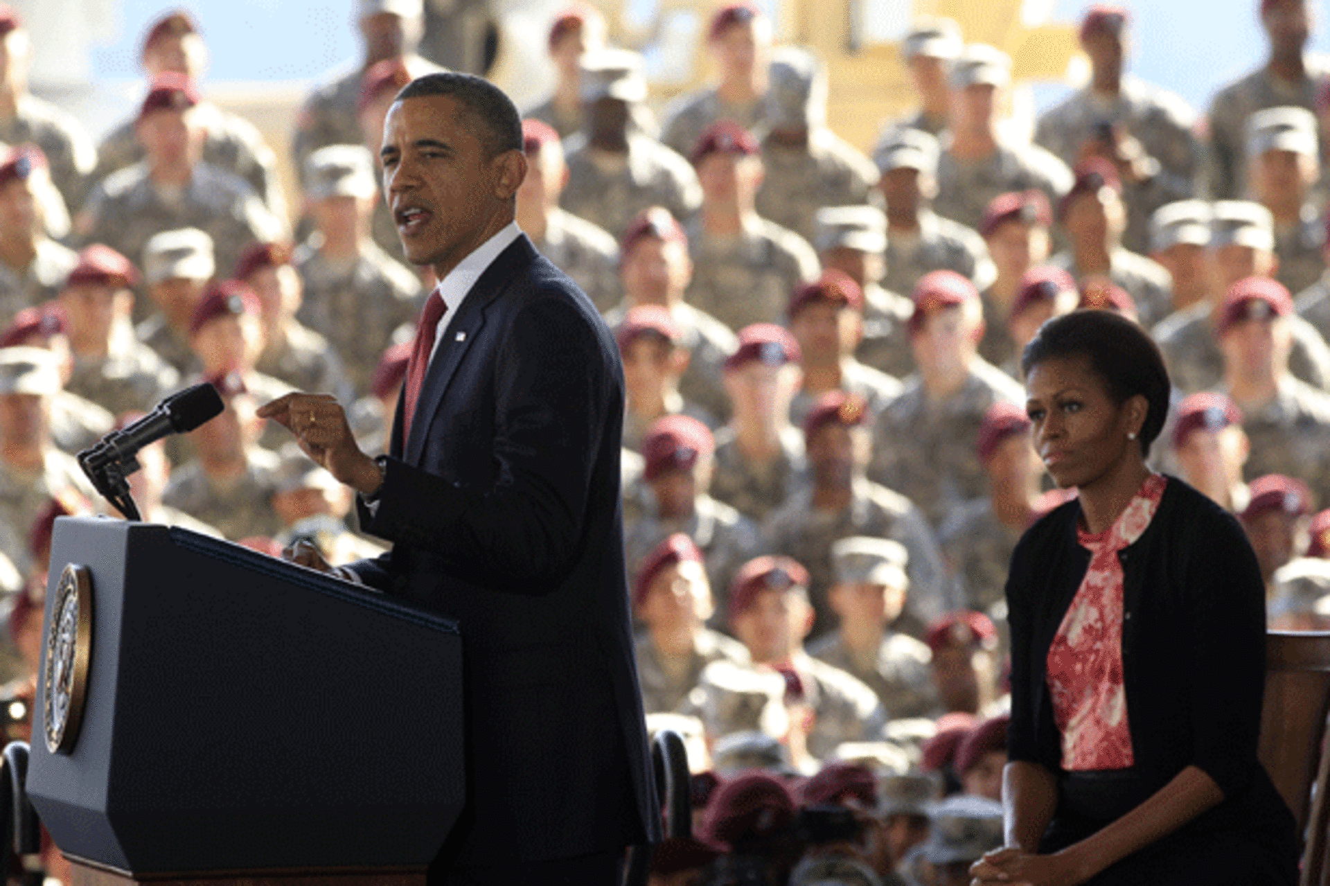 <p>President Barack Obama speaks to troops at Fort Bragg in North Carolina on December 14, 2011. (Kevin Lamarque/courtesy Reuters)</p>
