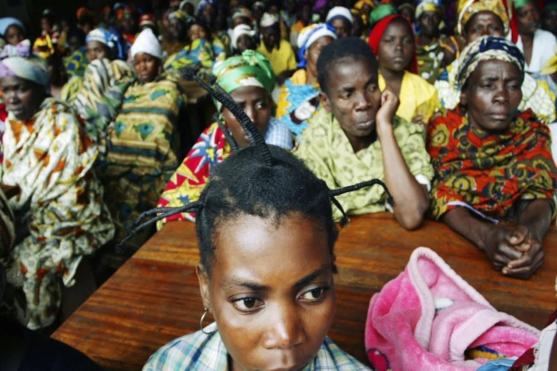<p>Female victims of sexual violence listen to a UN humanitarian worker at the Panzi hospital in eastern Congo (Courtesy Reuters/James Akena).</p>
