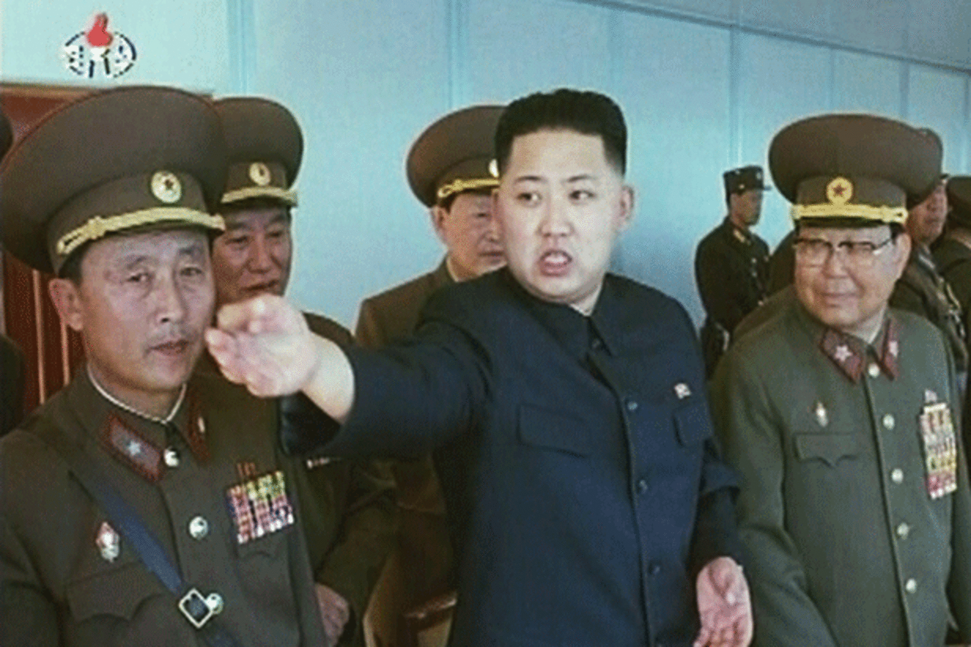<p>Kim Jong-un speaks while surrounded by soldiers in this undated still image by North Korean state TV KRT on January 8, 2012. (Courtesy Reuters)</p>

