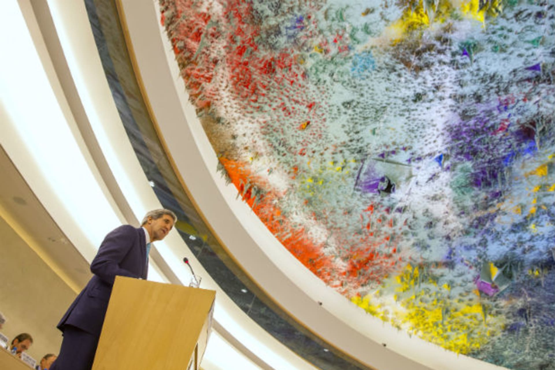 <p>U.S. Secretary of State John Kerry delivers remarks to the United Nations Human Rights Council in Geneva, Switzerland, on March 2, 2015.</p>
