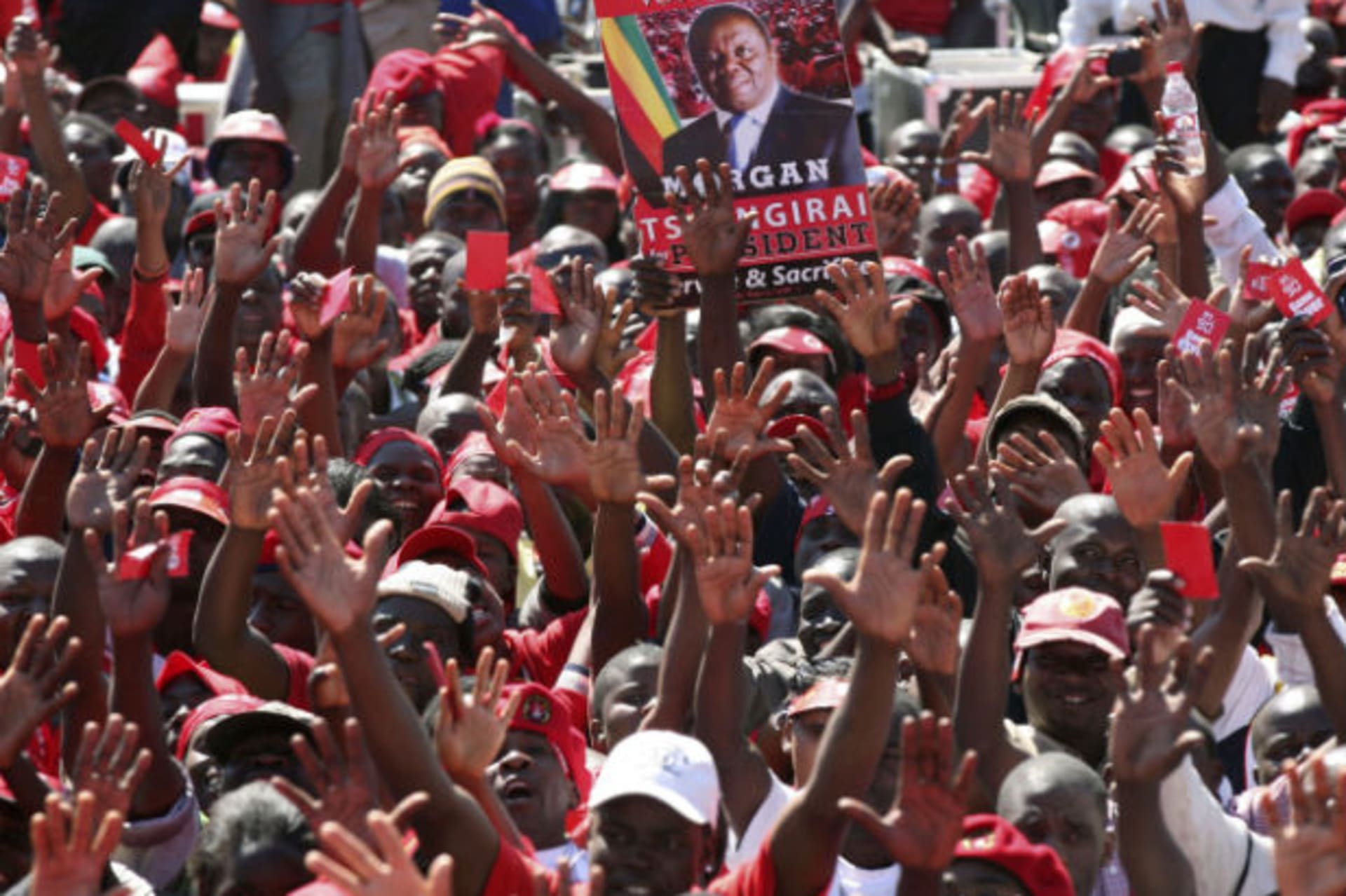 Supporters of Zimbabwe's opposition party Movement For Democratic Change (MDC) cheer during the final election rally of party leader Morgan Tsvangirai in Harare July 29, 2013.