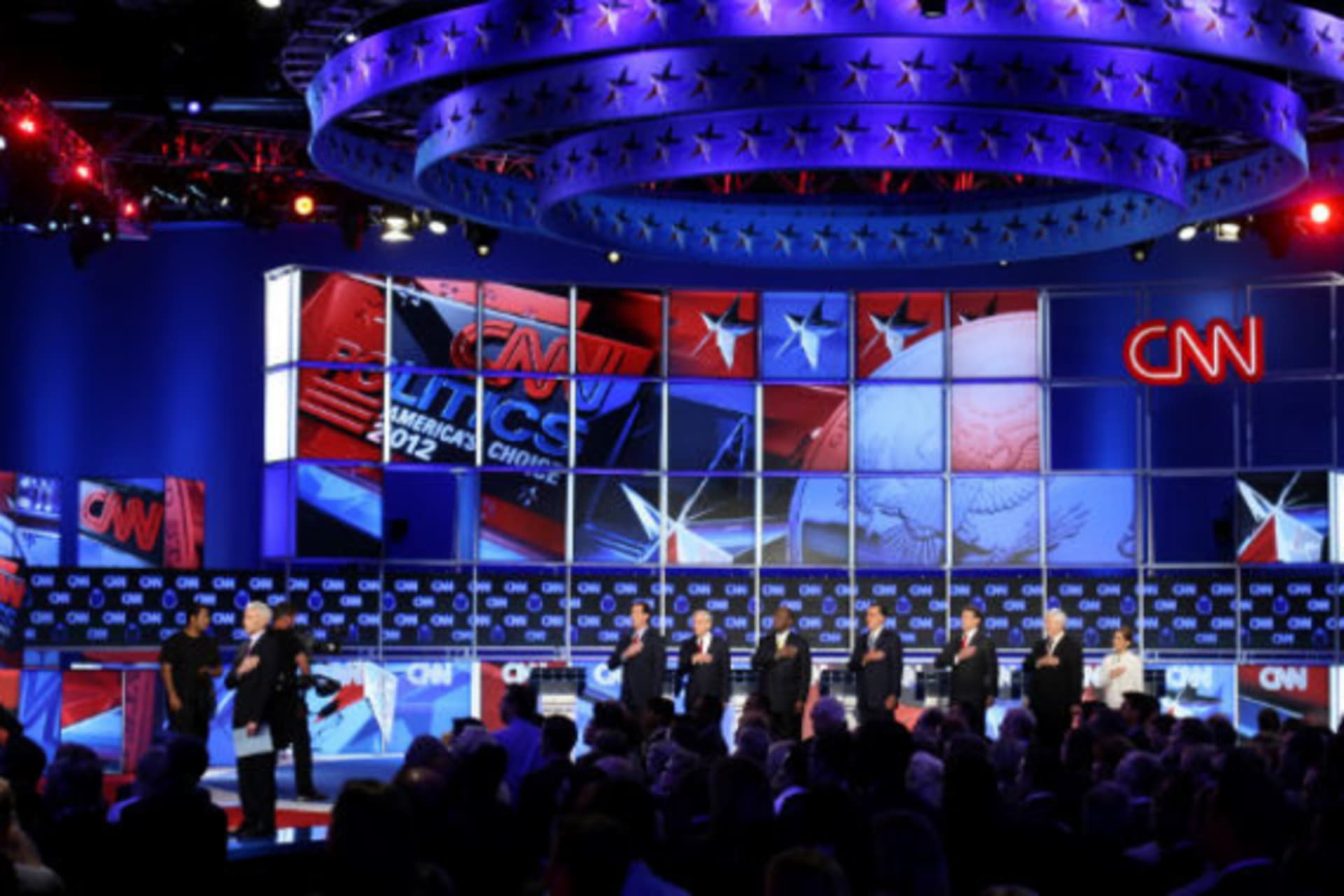 <p>Republican presidential candidates on stage before the start of the Republican Presidential Debate in Las Vegas in October 2012. (Steve Marcus/Courtesy Reuters)</p>
