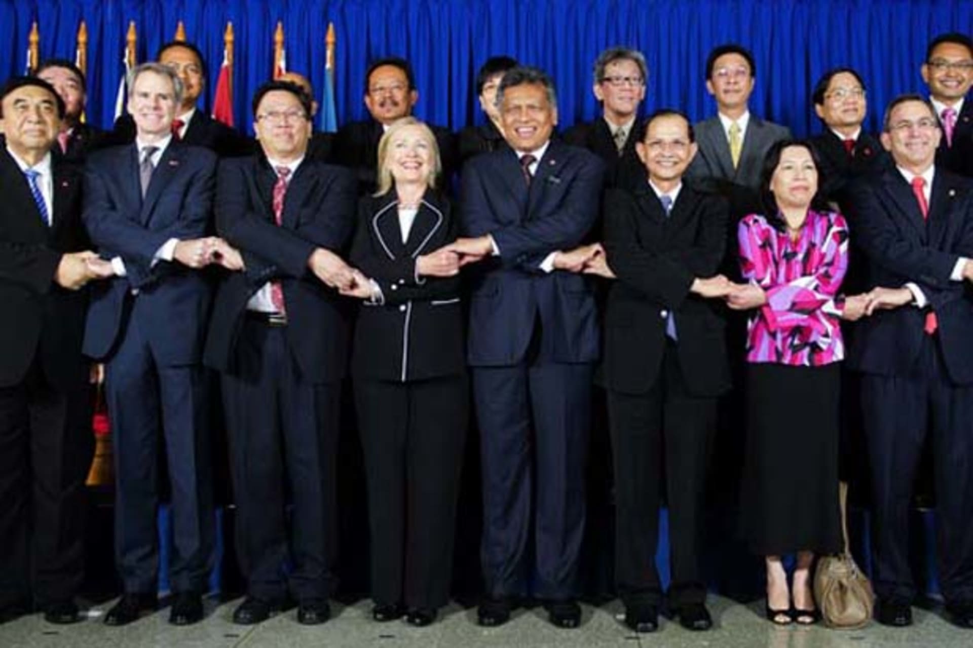 U.S. Secretary of State Clinton poses with ASEAN leaders during a meeting in Jakarta