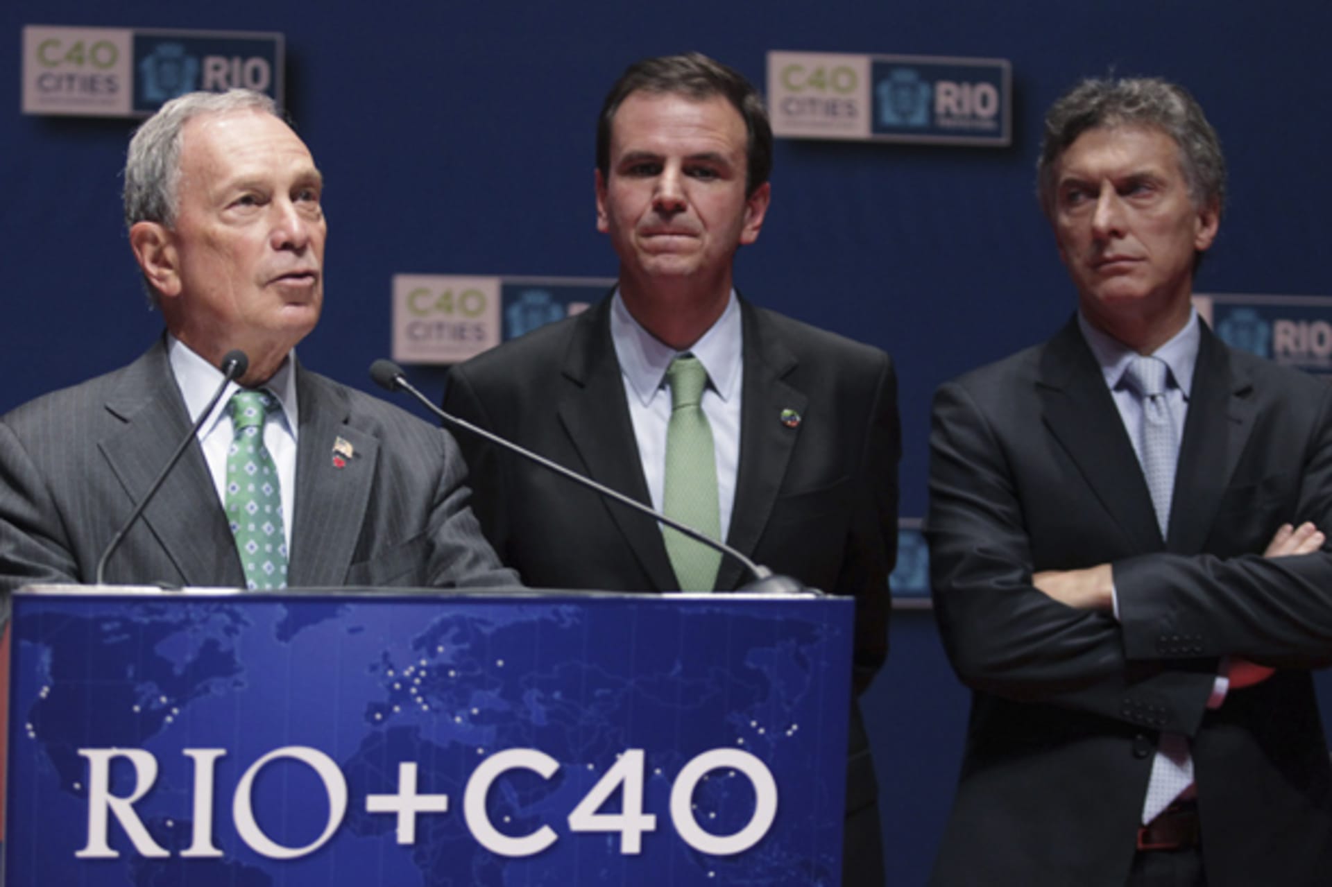 New York's Mayor Bloomberg speaks as Rio de Janeiro's Mayor Paes and Macri of Buenos Aires look on during Rio+C40 Megacity Mayors Taking Action on Climate Change event in Rio de Janeiro
