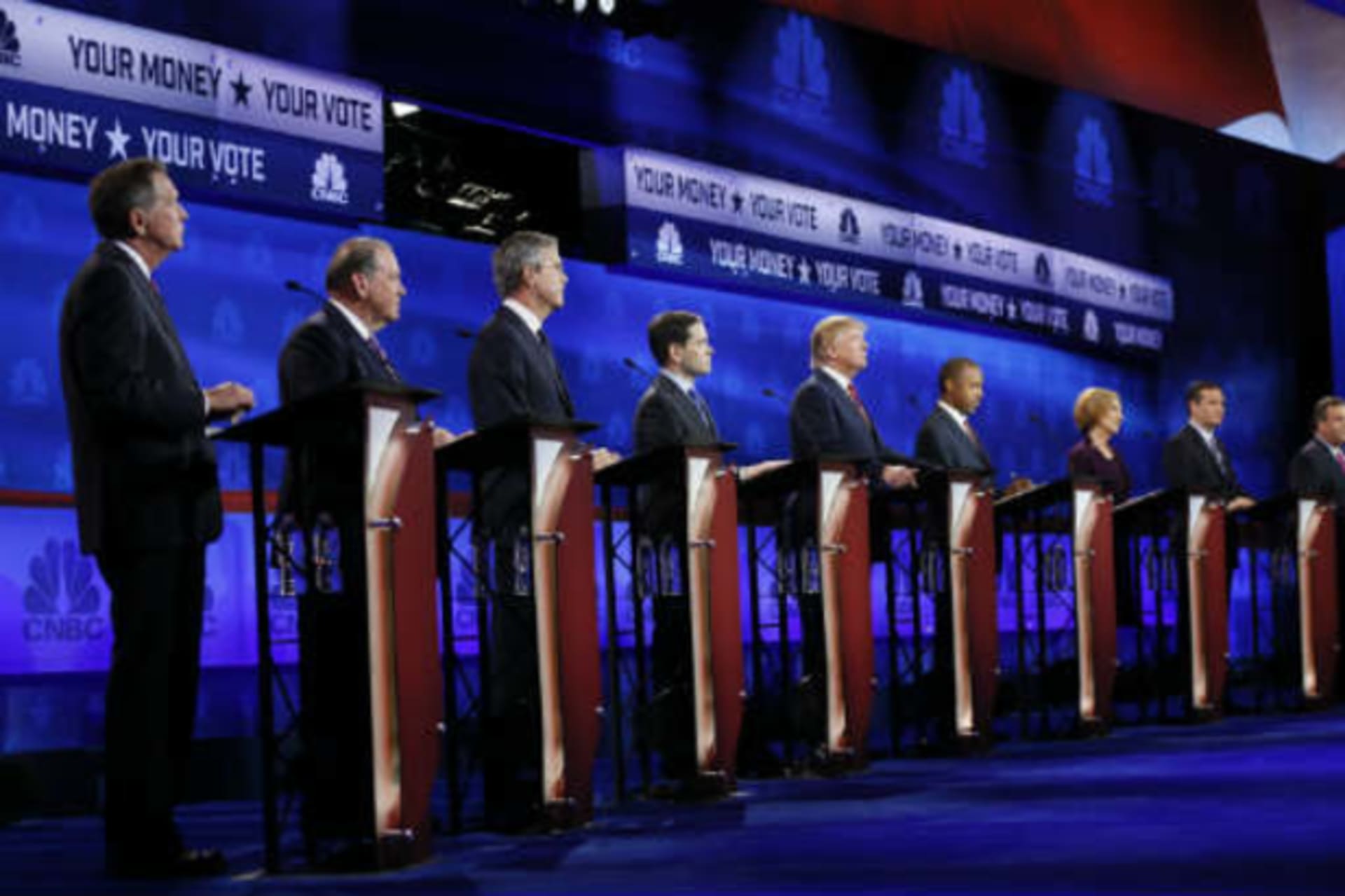 <p>Republican U.S. presidential candidates participate in the 2016 U.S. Republican presidential debates. (Reuters/Rick Wilking)</p>