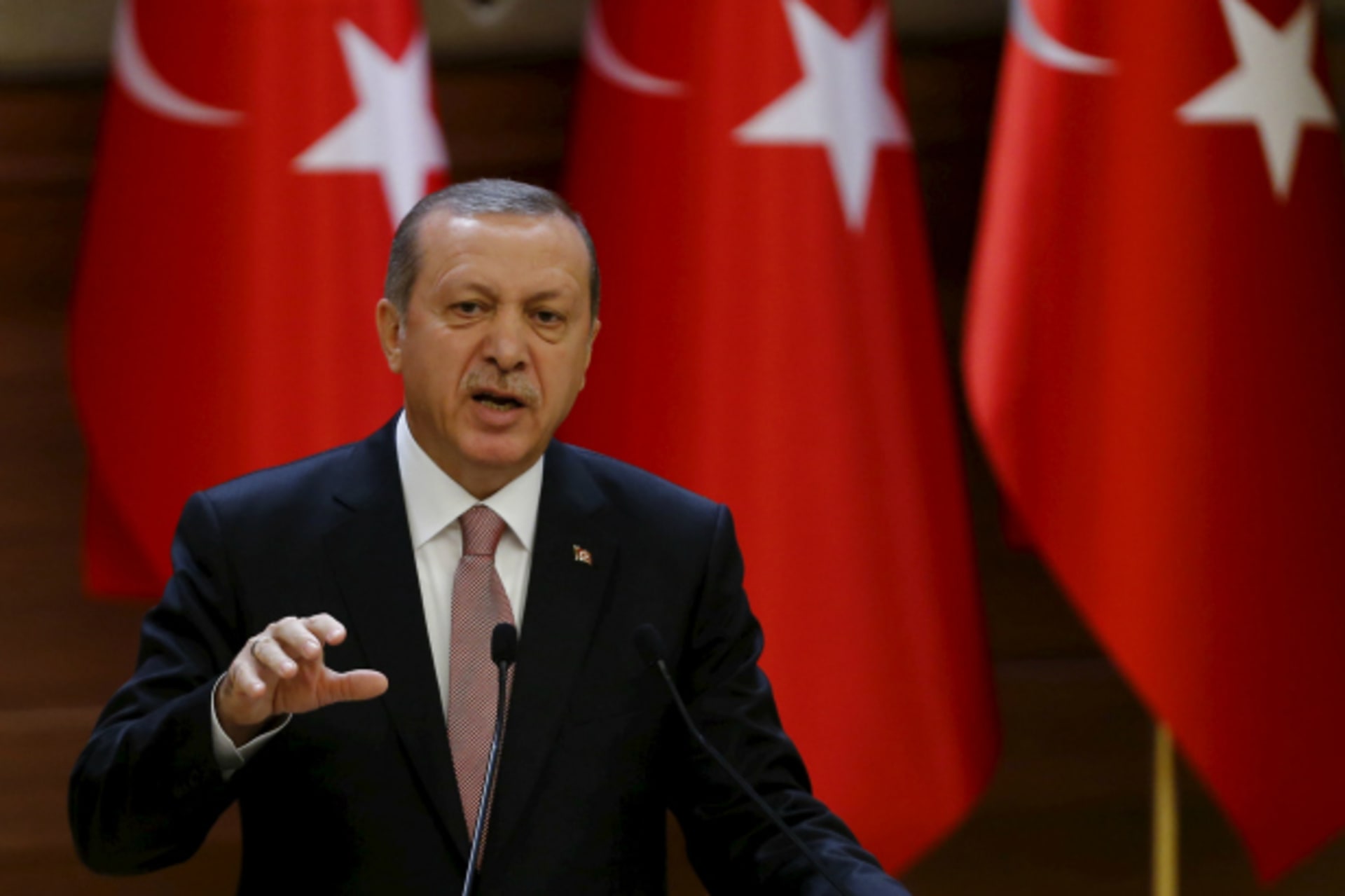 <p>Turkish President Tayyip Erdogan makes a speech during his meeting with mukhtars at the Presidential Palace in Ankara, Turkey, November 26, 2015 (Umit Bektas/Reuters).</p>
