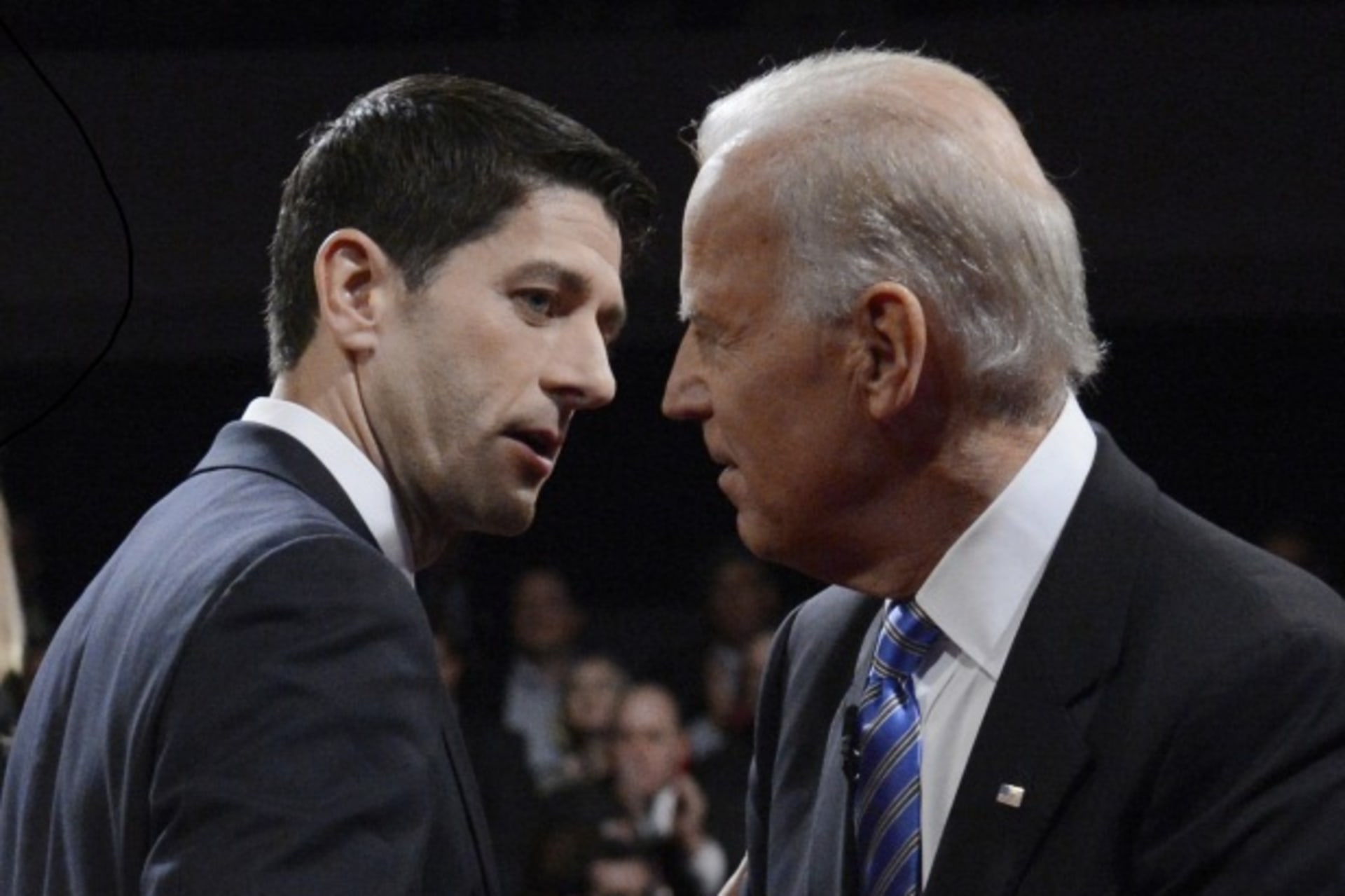 <p>Paul Ryan and Joe Biden at the conclusion of the U.S. vice presidential debate on October 11, 2012, in Danville, Kentucky (Pool New/Courtesy Reuters).</p>
