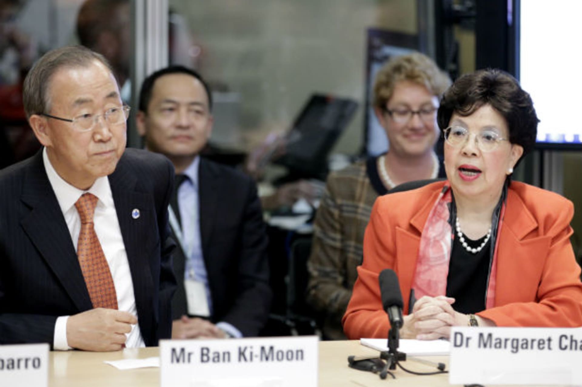 <p>UN Secretary-General Ban Ki-moon and WHO Director-General Margaret Chan attend a meeting at the WHO headquarters in Geneva, Switzerland, during the height of the Ebola crisis on October 1, 2014.</p>
