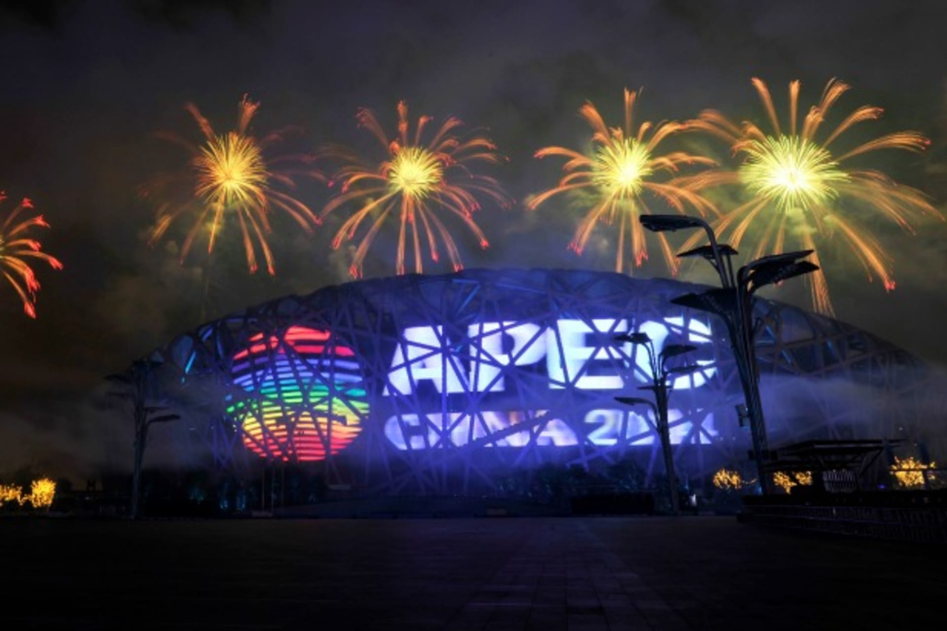 <p>Fireworks explode over a screen displaying the APEC logo on the National Stadium, or the “Bird’s Nest”, during a rehearsal for…it in Beijing, November 4, 2014. Picture taken November 4, 2014. REUTERS/Stringer (CHINA – Tags: POLITICS BUSINESS) CHINA OUT.</p>
