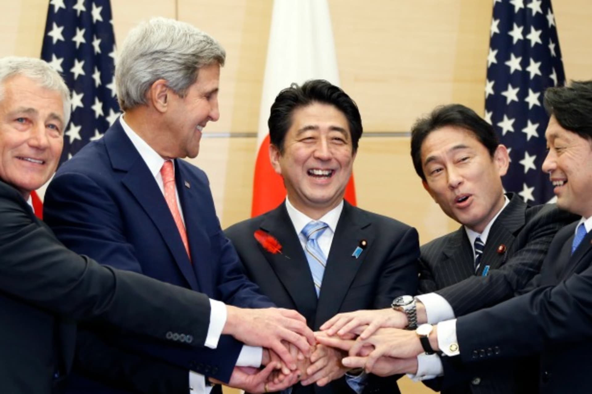 <p>U.S. Defense Secretary Chuck Hagel (L), U.S. Secretary of State John Kerry (2nd L), Japan’s Prime Minister Shinzo Abe (C), Jap… during their meeting at the prime minister’s official residence in Tokyo on October 3, 2013. (Koji Sasahara/Courtesy Reuters)</p>
