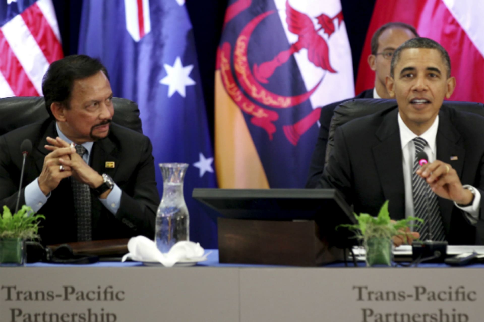 <p>U.S. President Barack Obama speaks as Brunei’s Sultan and Prime Minister Hassanal Bolkiah listens during the Trans-Pacific Par…eting at the Hale Koa Hotel during the APEC Summit in Honolulu, Hawaii, on November 12, 2011. (Larry Downing/Courtesy Reuters)</p>