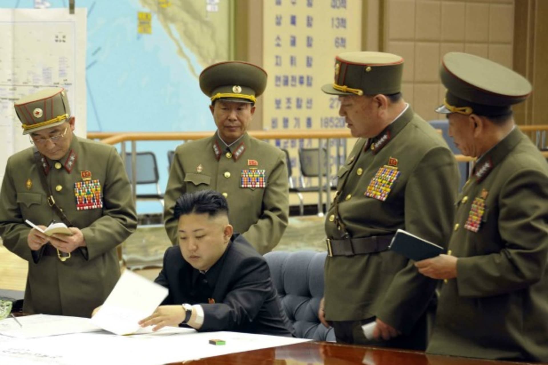 <p>North Korean leader Kim Jong-un presides over an urgent operation meeting on the Korean People’s Army Strategic Rocket Force’s performance of duty for firepower strike at the Supreme Command in Pyongyang on March 29, 2013. (Courtesy Reuters/KCNA)</p>
