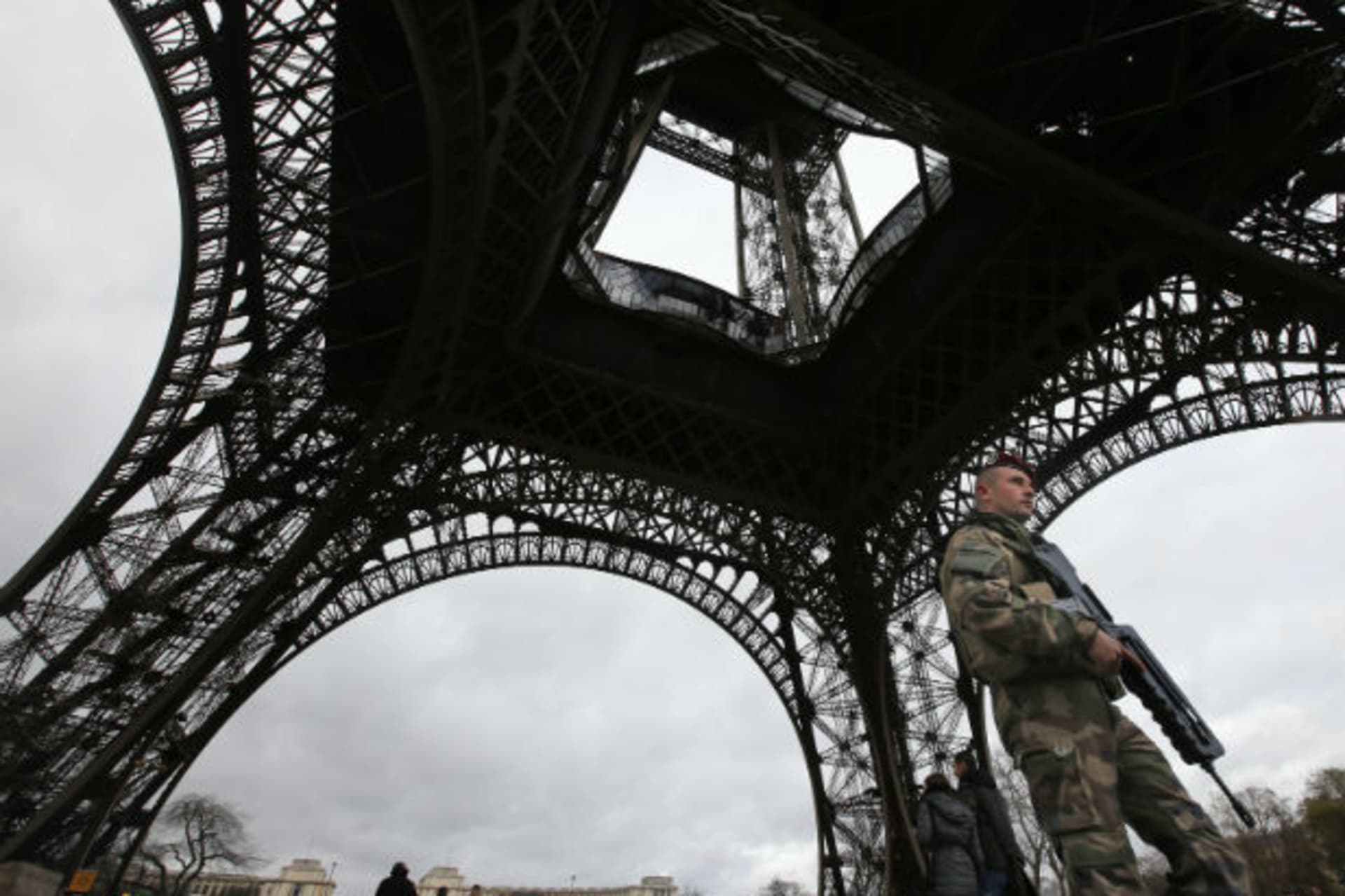 <p>An armed French soldier stands beneath the Eiffel Tower days after the terrorist attacks against the offices of the Charlie Hebdo magazine and a kosher supermarket in Paris, France.</p>
